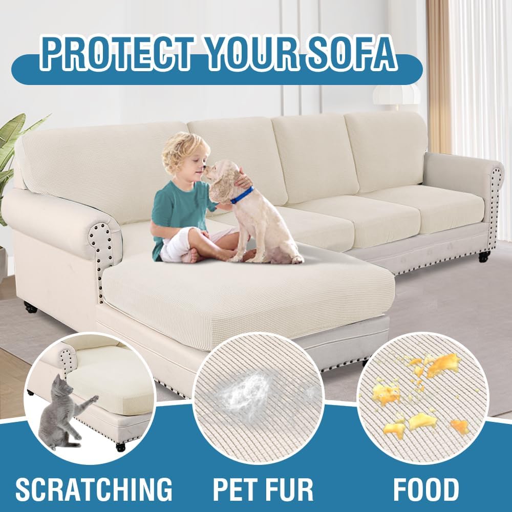 Sectional Couch Covers 8 Pieces Stretch Sofa Covers for Sectional Sofa Set Separate L Shaped Couch Cover for Both Left/Right Couch (Seat and Back: 1 Chaise + 3 Sofa, Ivory) - Image 7