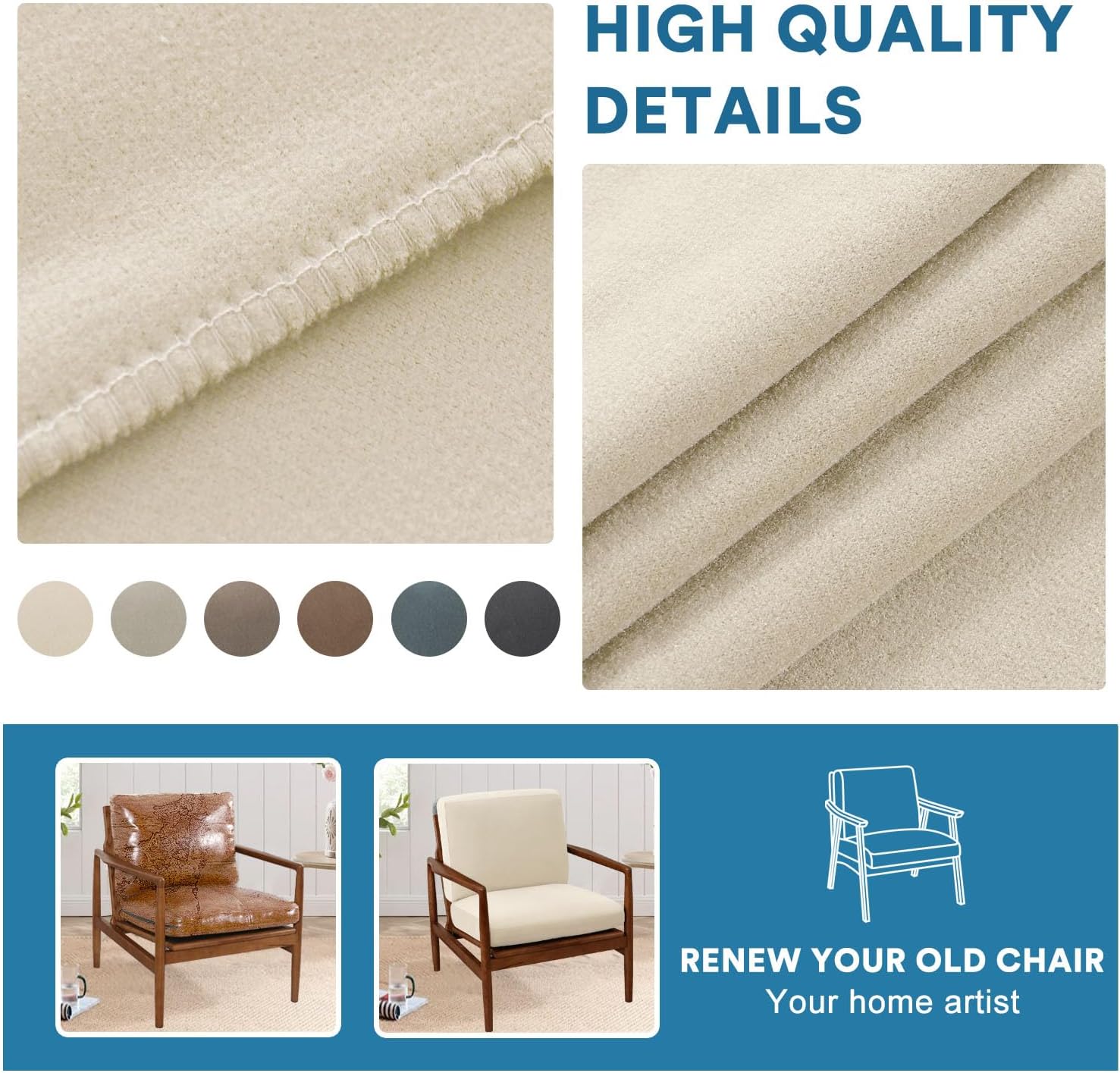 Chair Slip Covers with Arms 2 Piece Sofa Covers Super Stretch Chion Covers for Modern Living Room Chair Soft Accent Chair Cover(Seat Chion Cover Pl Back Chion Cover, Ivory) - Image 6