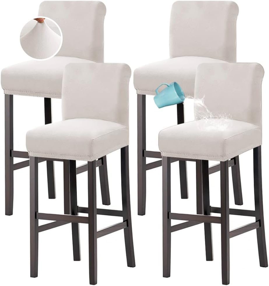100% Waterproof Bar Stool Cover Stretch Counter Stool Pub Chair Slipcover for Dining Room Removable Soft Thick Solid Fleece Fabric Bar Stool Slipcovers Set of 4, Ivory - Image 1