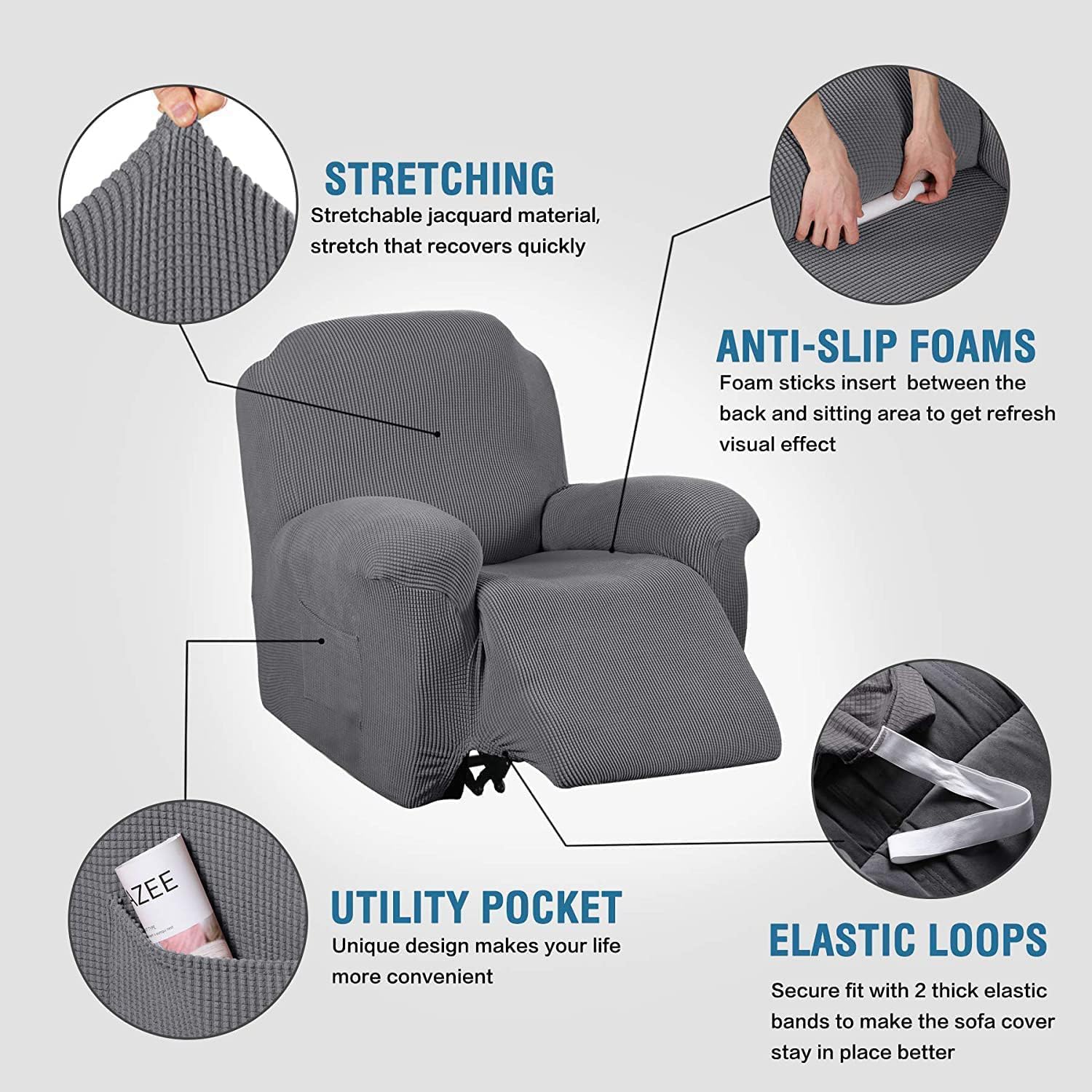 Super Stretch Recliner Couch Covers Chair Cover Form Fitted Non Slip Reclining Slipcovers for Standard Large Recliner, Soft Thick (1 Pack, Grey) - Image 2