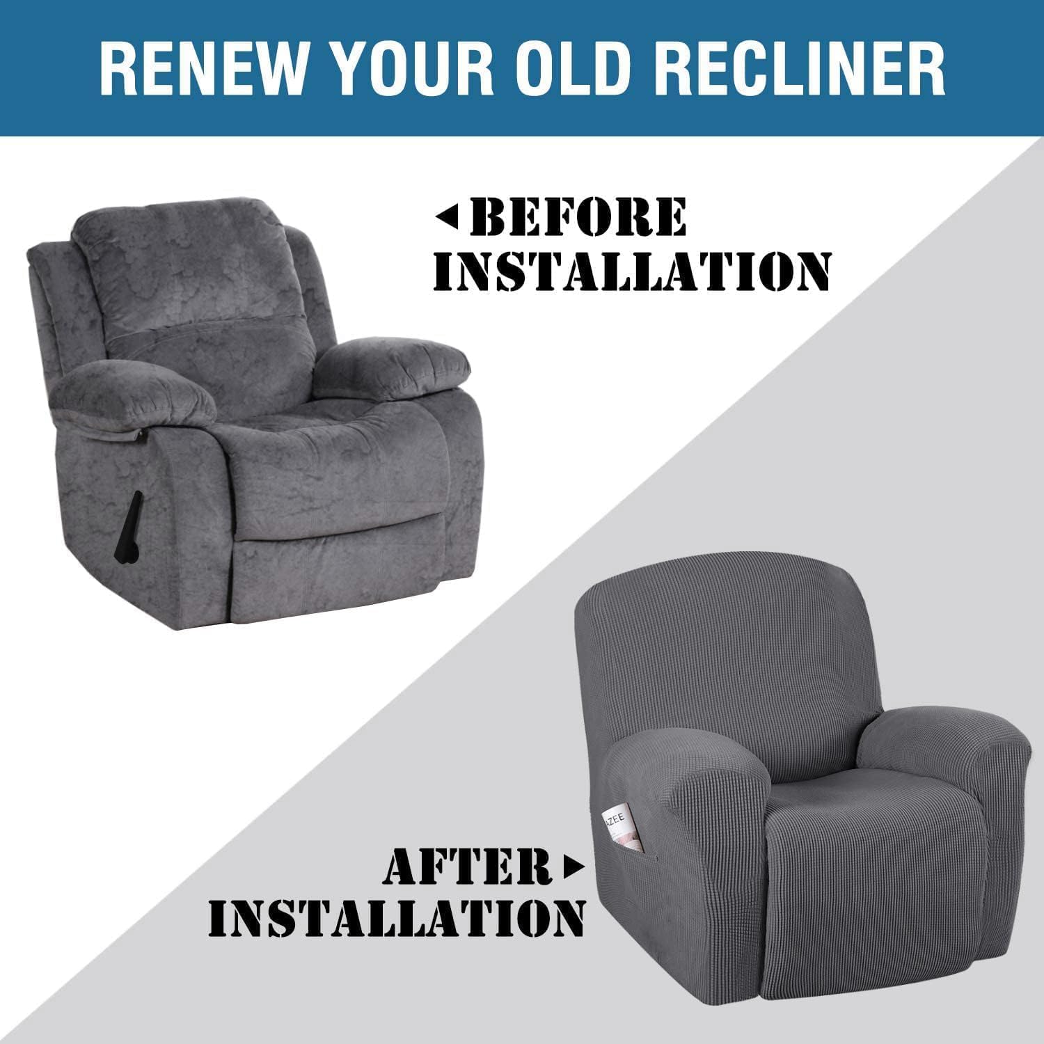 Super Stretch Recliner Couch Covers Chair Cover Form Fitted Non Slip Reclining Slipcovers for Standard Large Recliner, Soft Thick (1 Pack, Grey) - Image 3