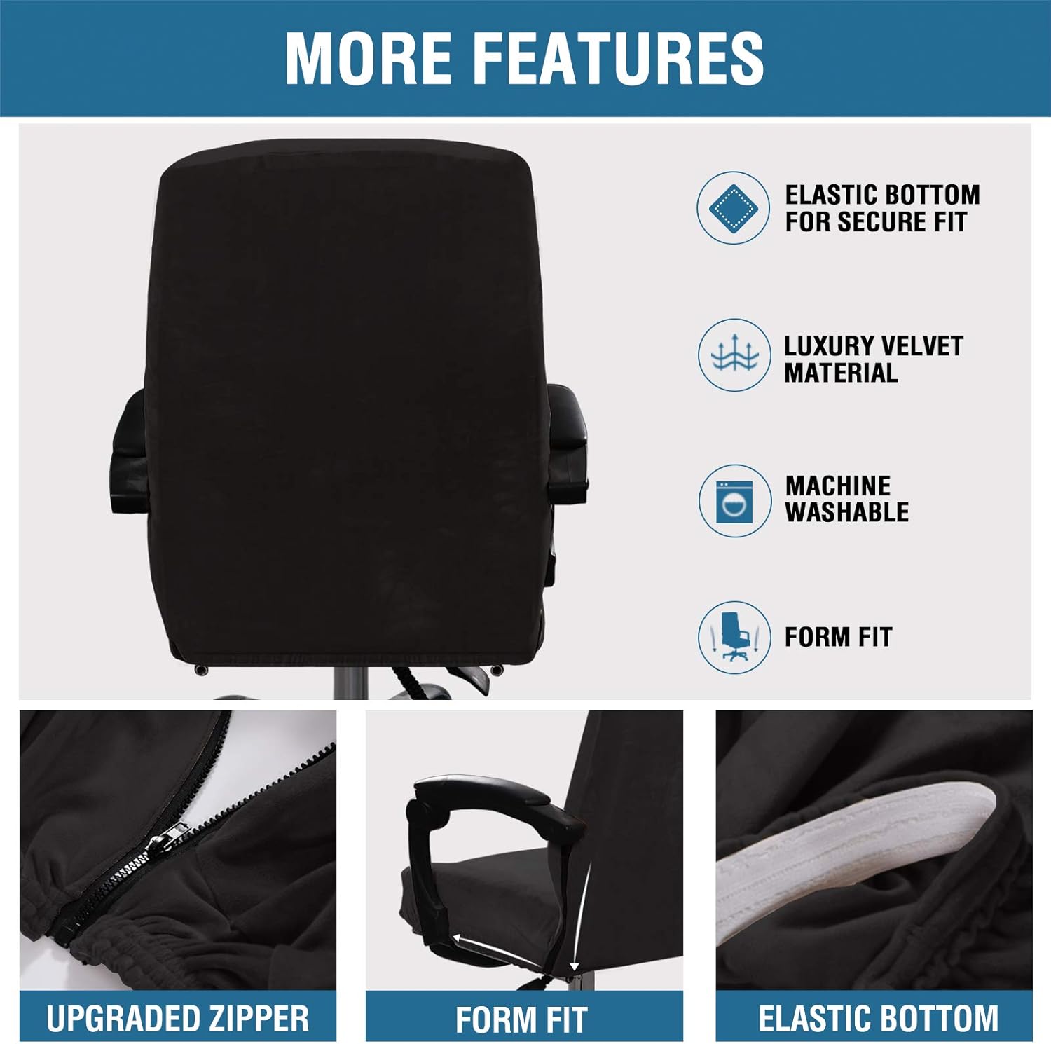 Velvet Home Office Chair Covers Stretchable Computer Desk Chair Covers Mid - High Back Universal Executive Boss Gaming Seat Cover Removable Machine Washable, Black - Image 4
