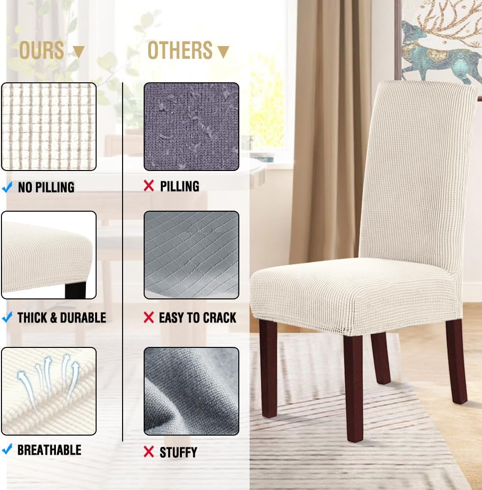 Stretch Dining Chair Covers Set of 6 Chair Covers for Dining Room Parsons Chair Slipcover Chair Protectors Covers Dining, Feature Textured Checked Jacquard Fabric, Ivory - Image 5
