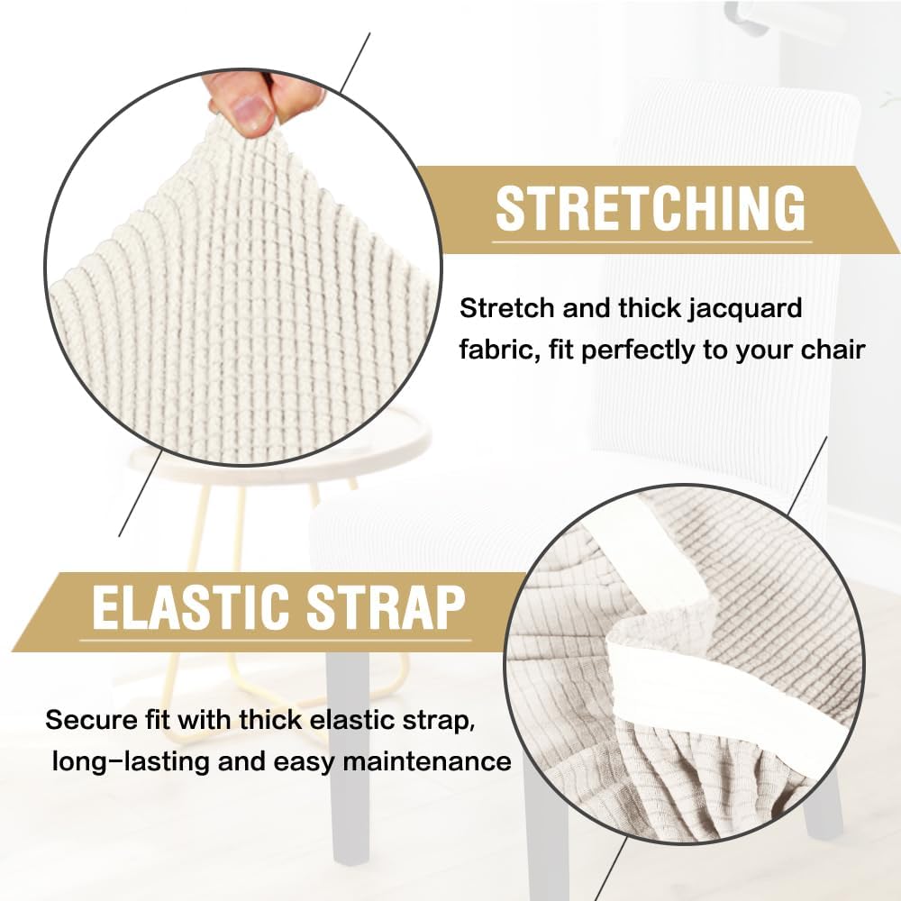 Stretch Dining Chair Covers Set of 6 Chair Covers for Dining Room Parsons Chair Slipcover Chair Protectors Covers Dining, Feature Textured Checked Jacquard Fabric, Ivory - Image 6