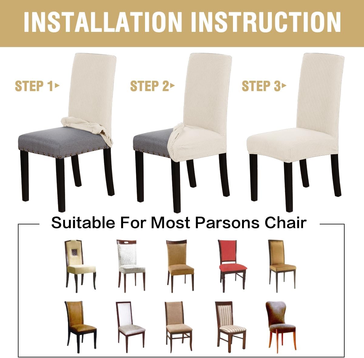 Stretch Dining Chair Covers Set of 6 Chair Covers for Dining Room Parsons Chair Slipcover Chair Protectors Covers Dining, Feature Textured Checked Jacquard Fabric, Ivory - Image 7