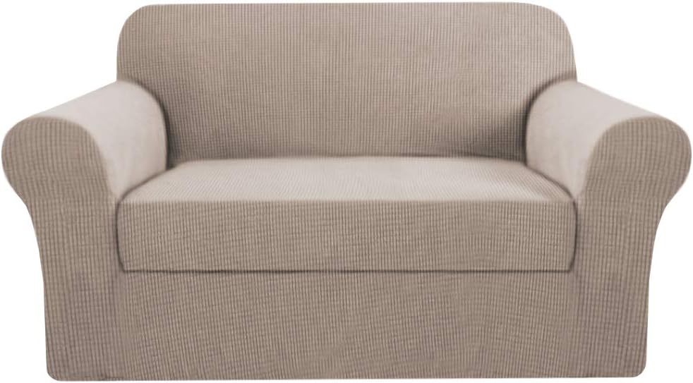 2 Pieces Loveseat Covers Fit Lovesat Width Up to 70 Inch Furniture Cover/Protector, Jacquard Spandex Stretch Loveseat Slipcovers Suit for T Chion/Box Chion (Loveseat, Sand) - Image 1
