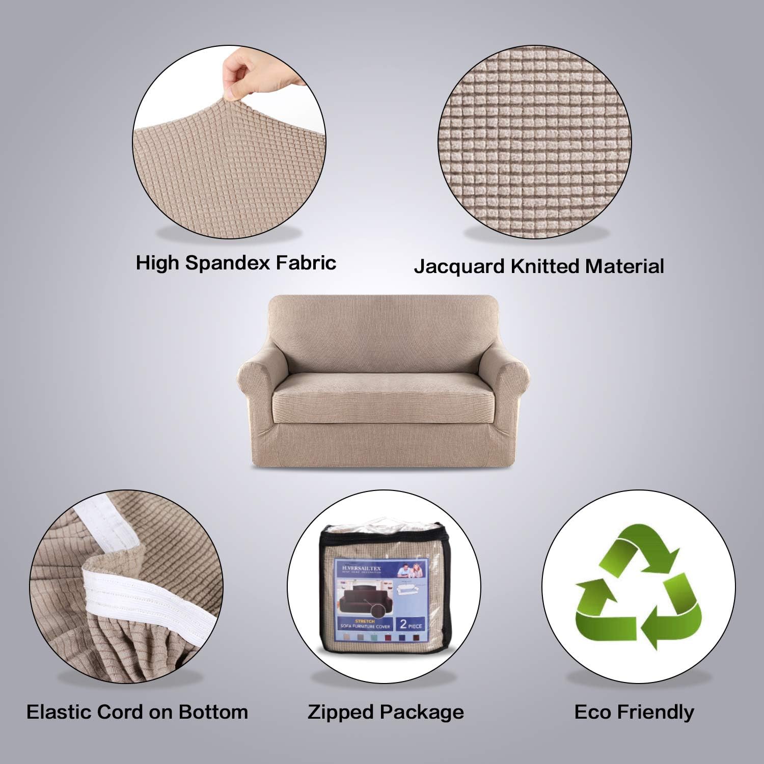 2 Pieces Loveseat Covers Fit Lovesat Width Up to 70 Inch Furniture Cover/Protector, Jacquard Spandex Stretch Loveseat Slipcovers Suit for T Chion/Box Chion (Loveseat, Sand) - Image 5