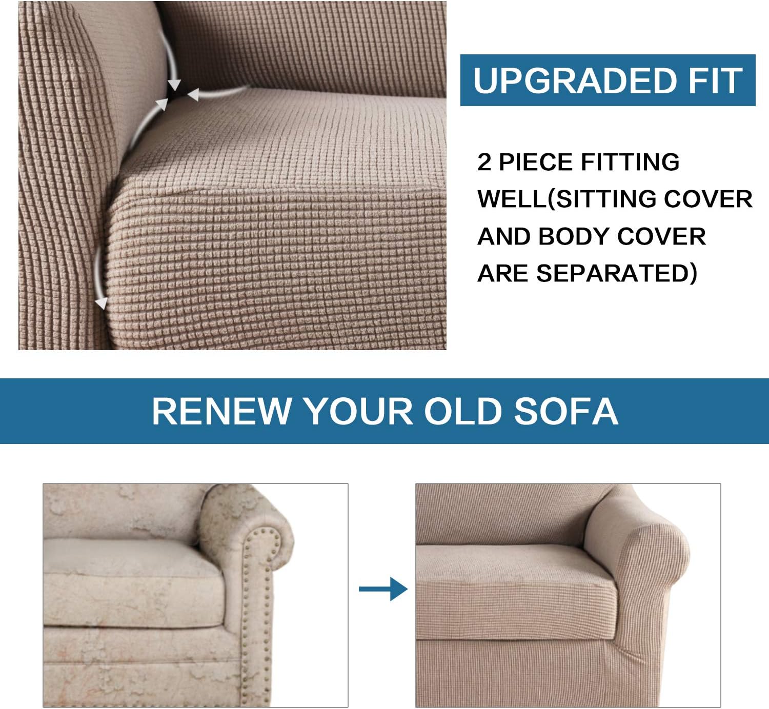 2 Pieces Loveseat Covers Fit Lovesat Width Up to 70 Inch Furniture Cover/Protector, Jacquard Spandex Stretch Loveseat Slipcovers Suit for T Chion/Box Chion (Loveseat, Sand) - Image 6