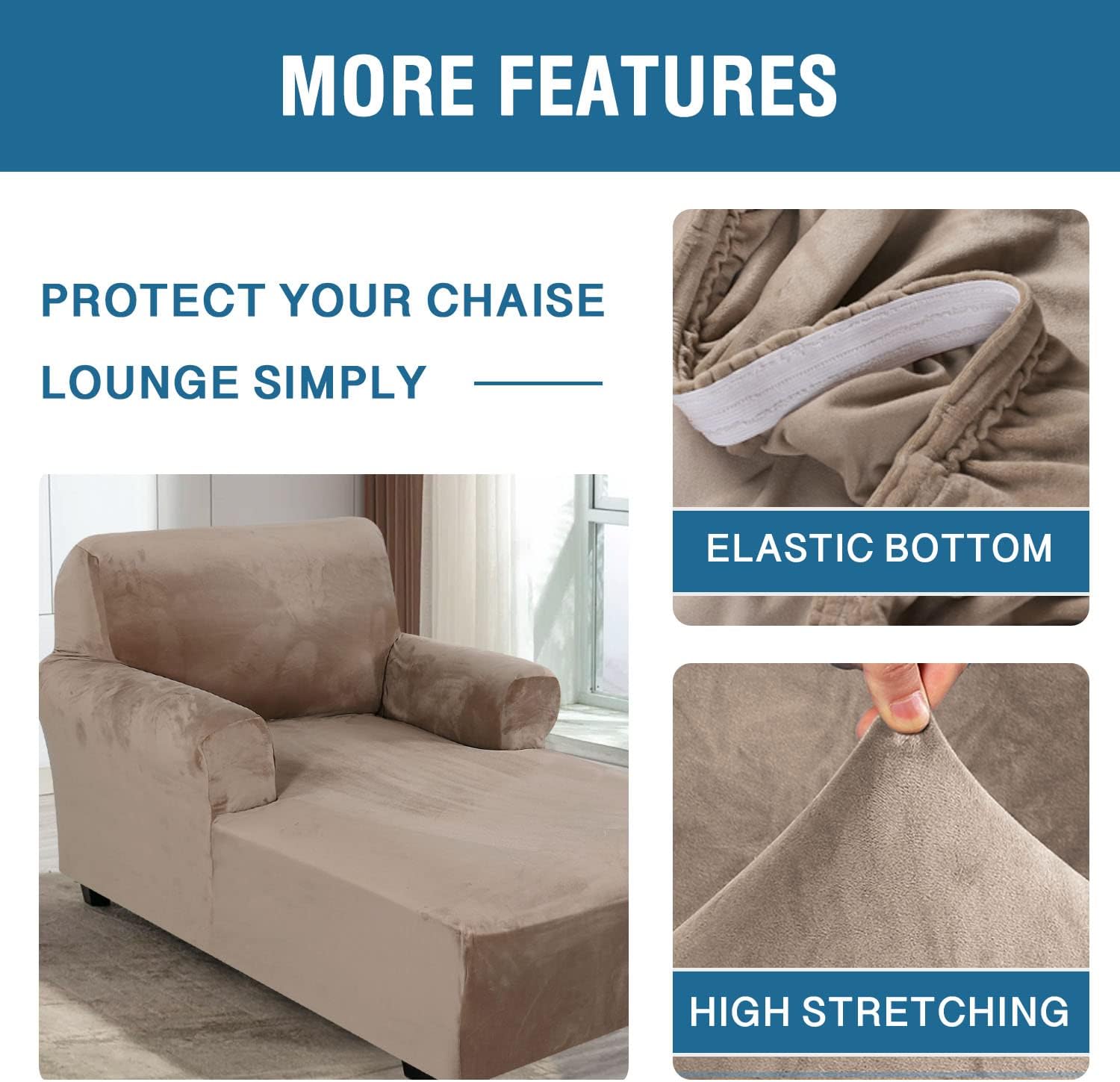 Velvet Chaise Lounge Cover - High Stretch Slipcovers for Living Room, Luxury Velvet Dog Covers, Machine Washable, Taupe - Image 5