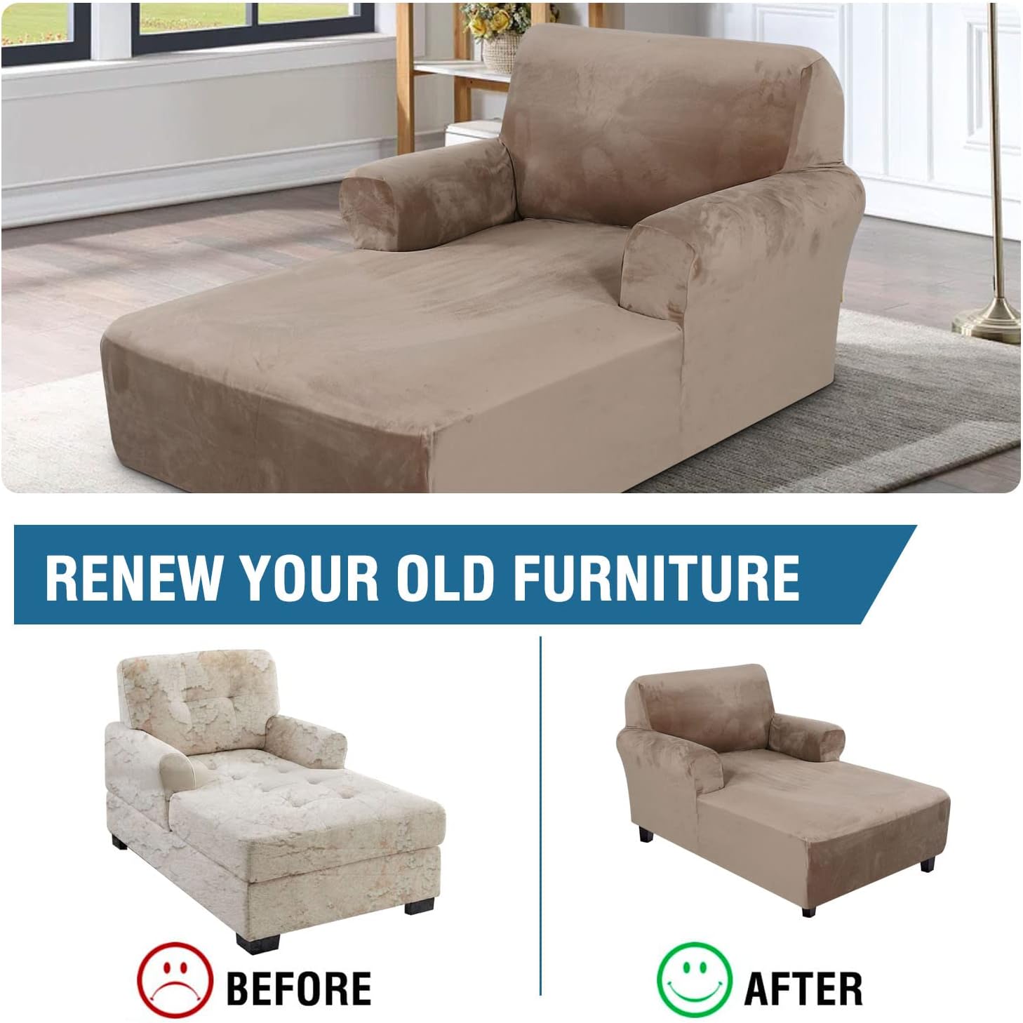 Velvet Chaise Lounge Cover - High Stretch Slipcovers for Living Room, Luxury Velvet Dog Covers, Machine Washable, Taupe - Image 6