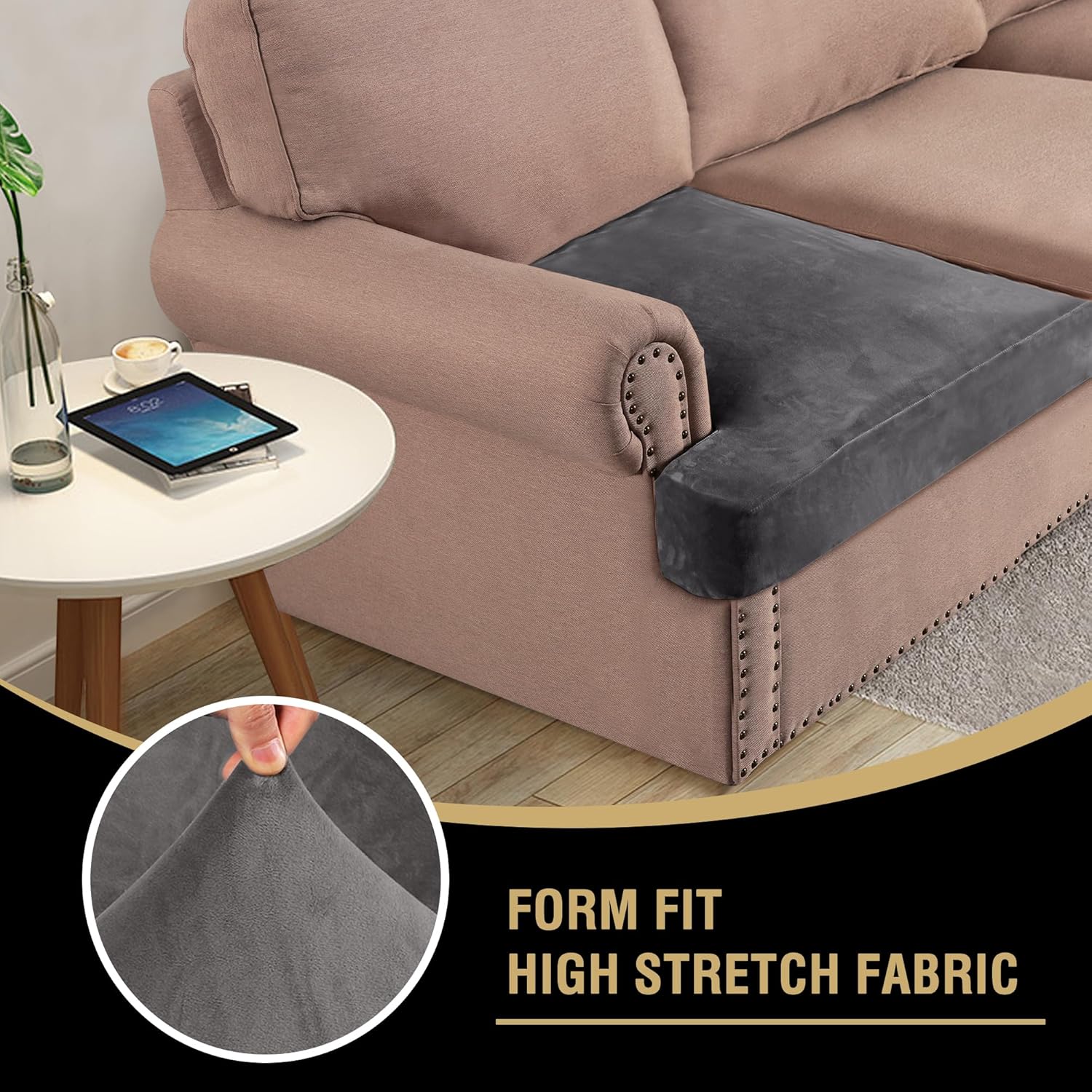 Stretch Velvet 2 Piece T Chion Sofa Slipcovers - Individually Fitting Chion Covers for 2 Chion Couch - Stay in Place (Grey) - Image 6