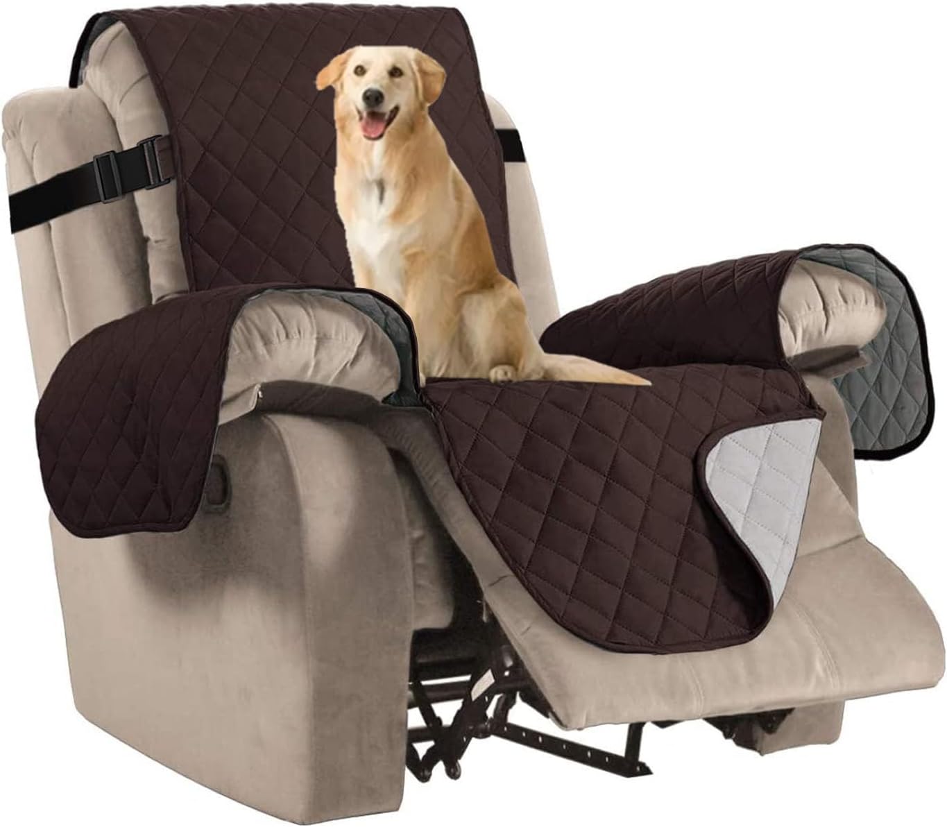 Reversible Quilted Recliner Covers Recliner Chair Cover Water Resistant Furniture Protector Washable Couch Cover with Elastic Straps for Kids, Pets (Recliner, Brown/Beige) - Image 1