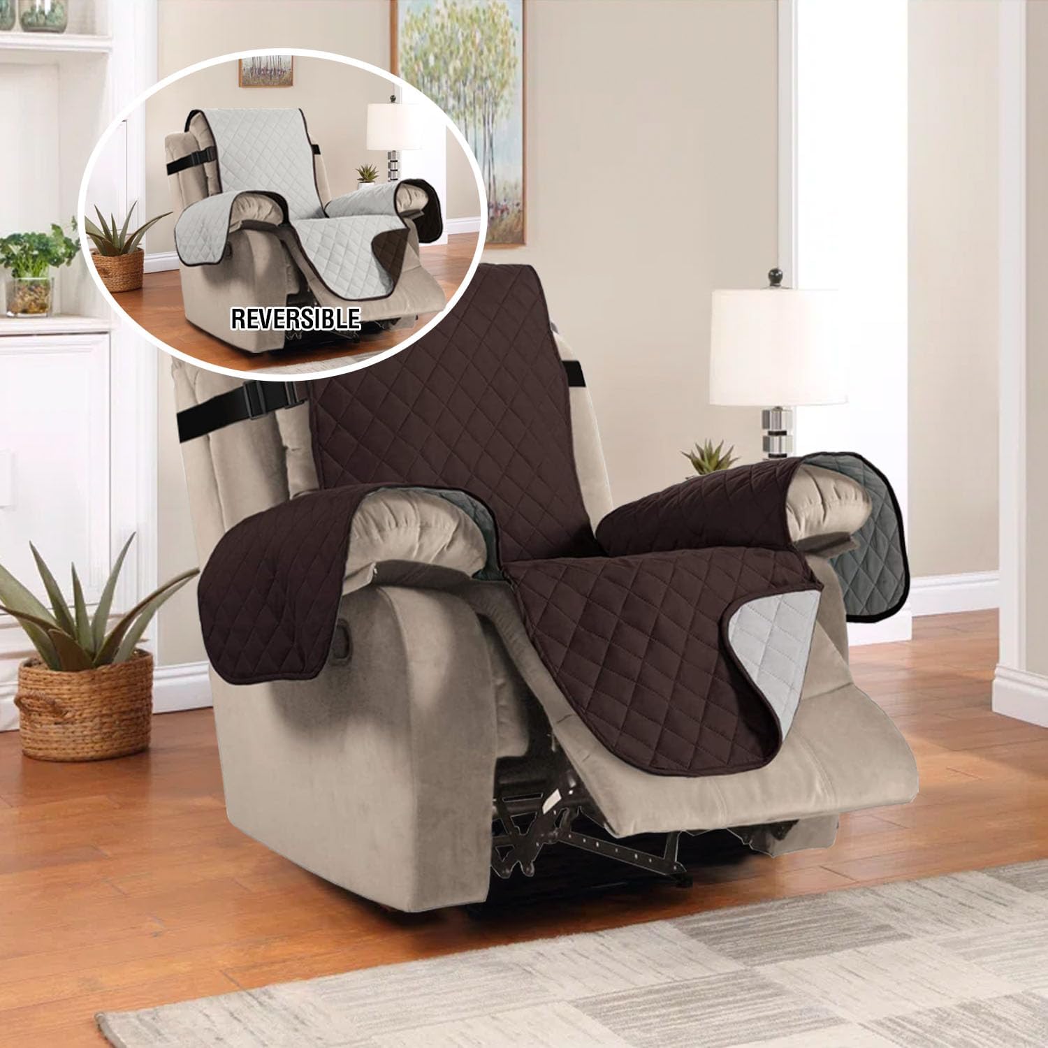 Reversible Quilted Recliner Covers Recliner Chair Cover Water Resistant Furniture Protector Washable Couch Cover with Elastic Straps for Kids, Pets (Recliner, Brown/Beige) - Image 3