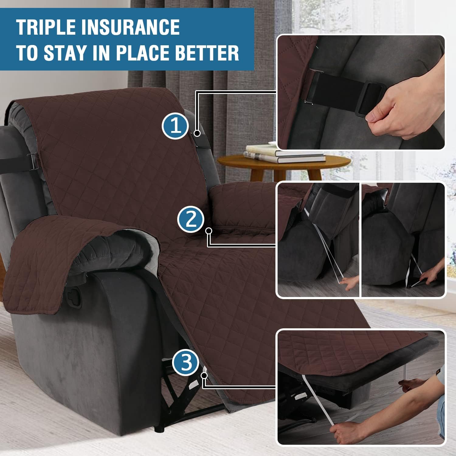 Reversible Quilted Recliner Covers Recliner Chair Cover Water Resistant Furniture Protector Washable Couch Cover with Elastic Straps for Kids, Pets (Recliner, Brown/Beige) - Image 4