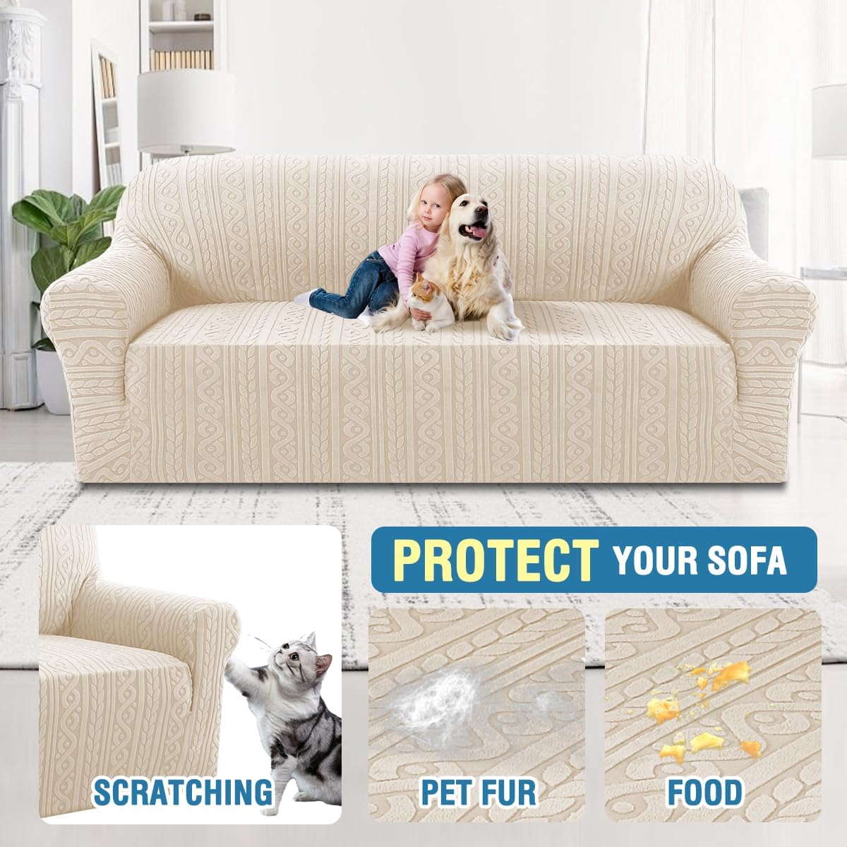 Sofa Cover 1 Piece Stretch Sofa Slipcovers Non Slip Sofa Cover with Elastic Bottom Washable for Kids, Pets Upgrade Thick Jacquard Fabric with Spiral Pattern(75