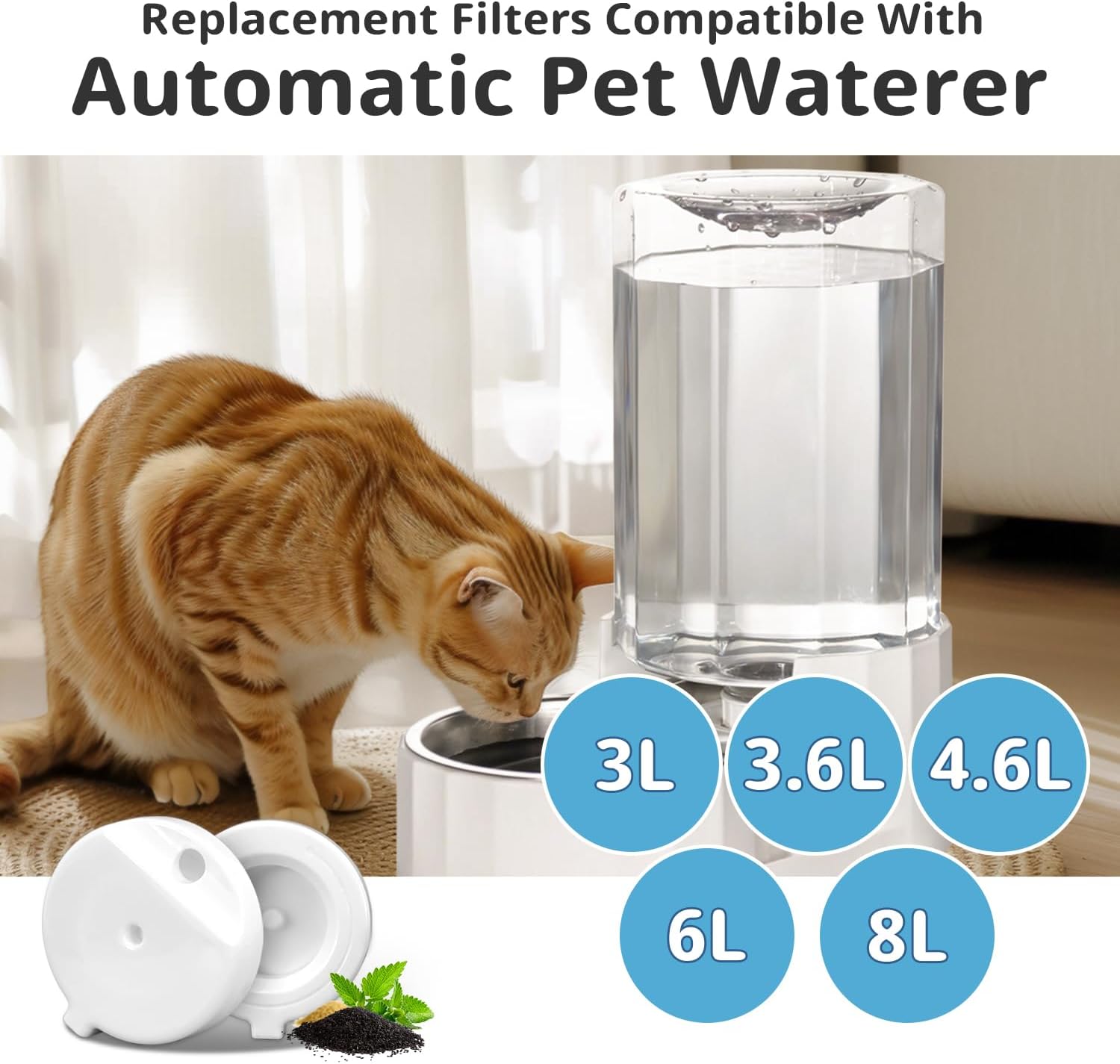 8Pcs Gravity Pet Water Fountain Filters, Automatic Pet Waterer Replacement Filters for 3.6L/4.6L/6L/8L Dog Water Dispenser(8 Filters with 1Brush) - Image 3