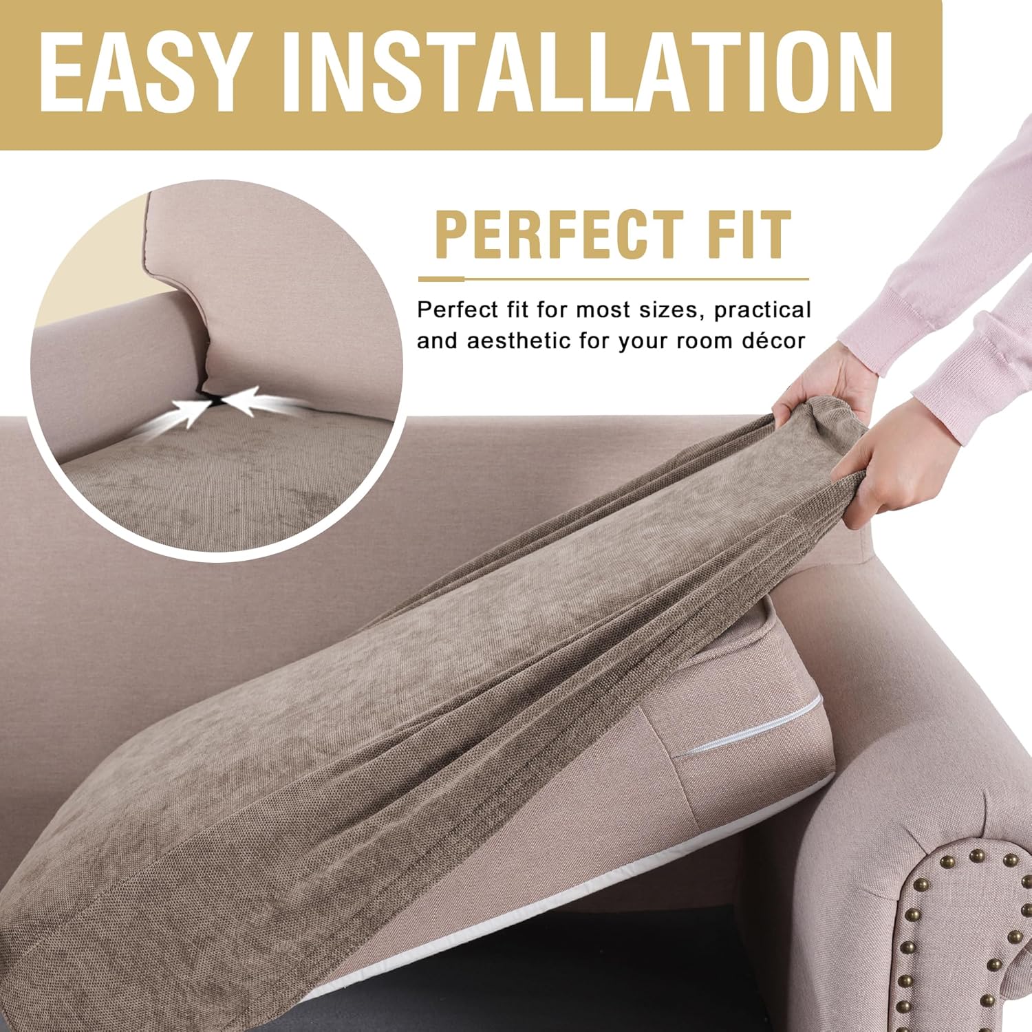 Stretch Mixed-Color Chenille Couch Chion Cover Soft Sofa Covers Individual Seat Couch Slipcover Sets Furniture Protector Seat Chion Sofa Cover (3 Piece Sofa Chion Covers, Taupe) - Image 4