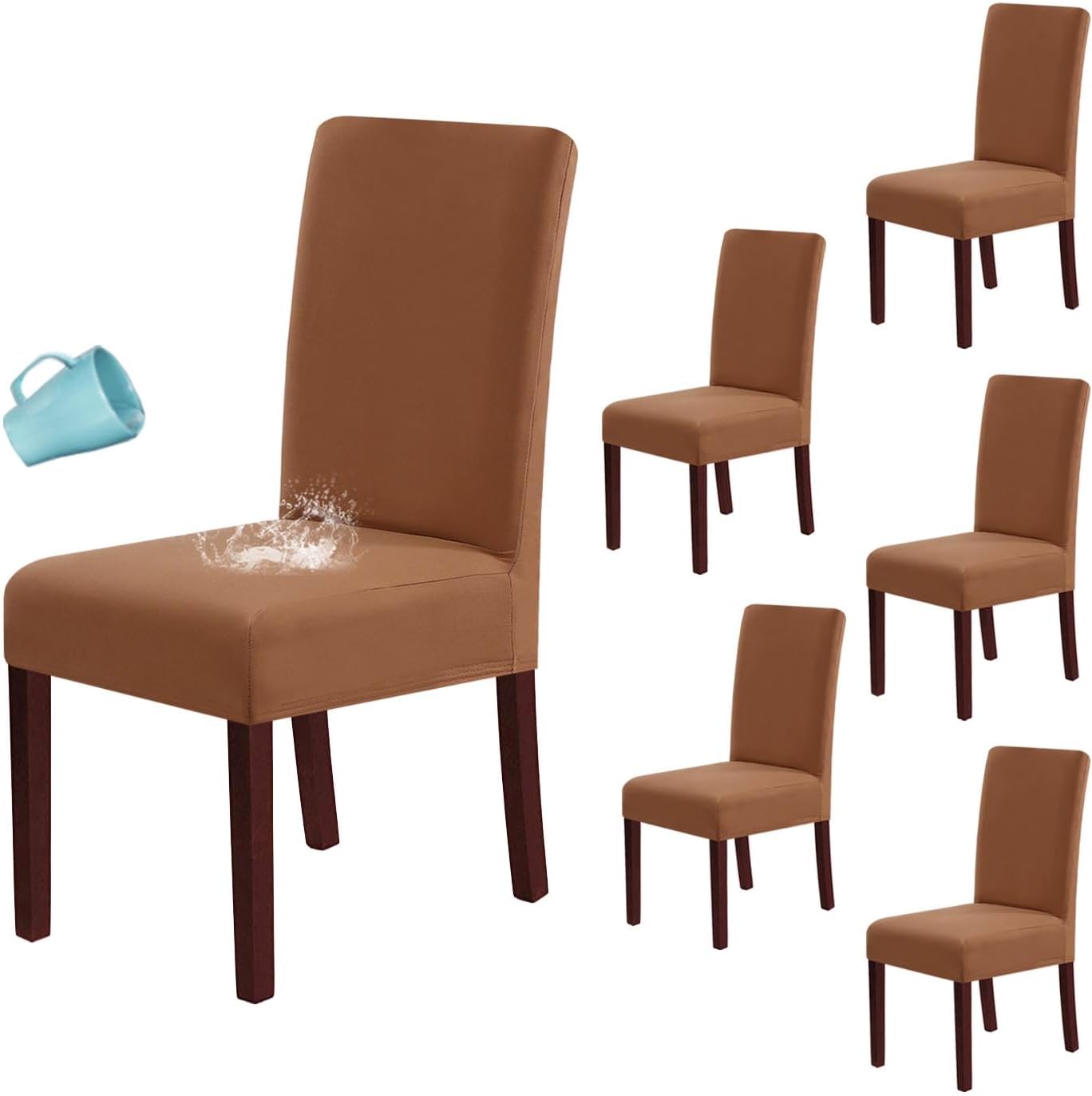 100% Waterproof Dining Chair Covers Stretch Chair Covers for Dining Room Set of 6 Parson Chair Slipcovers Chair Protectors Covers Dining, Soft Thick Solid Fleece Fabric Washable, Camel - Image 1