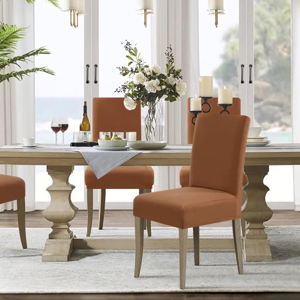 100% Waterproof Dining Chair Covers Stretch Chair Covers for Dining Room Set of 6 Parson Chair Slipcovers Chair Protectors Covers Dining, Soft Thick Solid Fleece Fabric Washable, Camel - Image 3