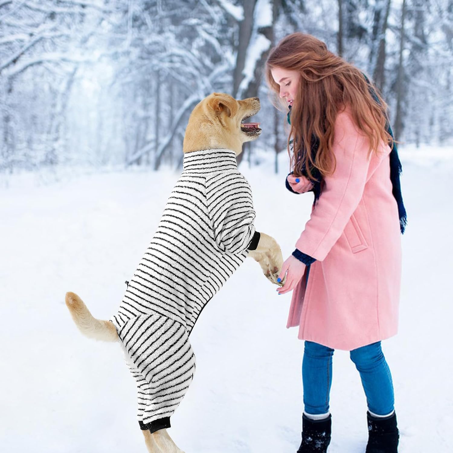 Dog Winter Coat Sweater Dog Clothes Soft Fleece Pullover Pajamas, Dog Cold Weather Coats Warm Windproof Fullbody Jumpsuit Fleece Onesie for Dogs, Thick Pet Snowsuit Christmas Black - Image 2