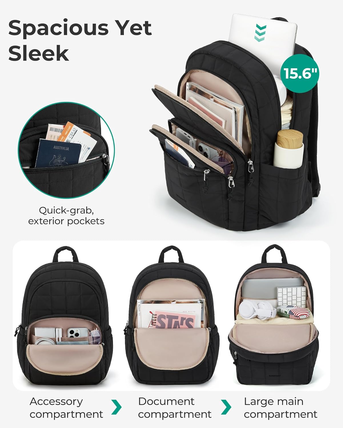 College Laptop Backpack, Travel Backpack for Women, Quilted Casual Daypack, Water-Resistant Bookbag for 15.6 Inch Laptop, Black - Image 3