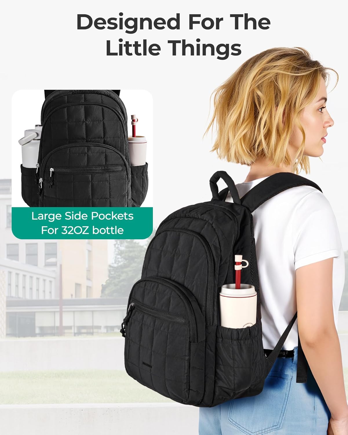 College Laptop Backpack, Travel Backpack for Women, Quilted Casual Daypack, Water-Resistant Bookbag for 15.6 Inch Laptop, Black - Image 5