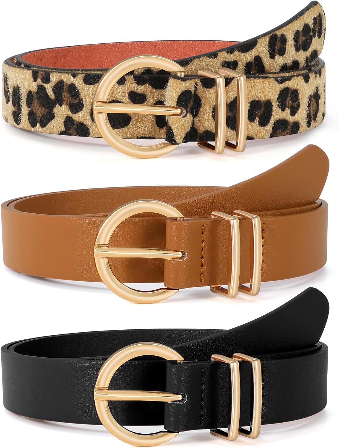 3 Pack Women's Leather Belts for Jeans Dresses Ladies Waist Belt with Fashion Gold Buckle - Image 1