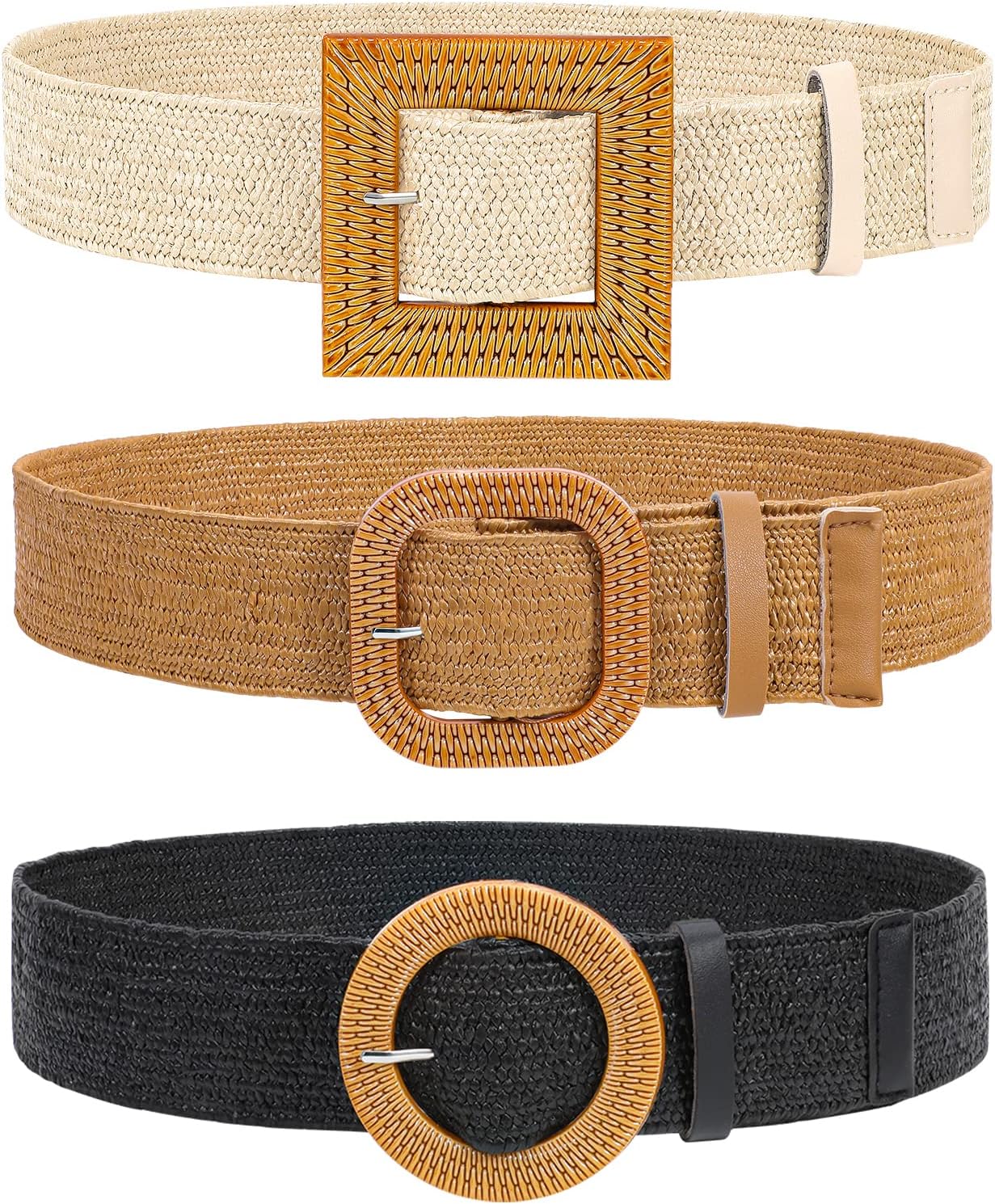 Straw Woven Elastic Stretch Waist Belt, 3 Pack Fashion Ladies Skinny Raffia Boho Dress Braided Belts for Women, Brown Beige Black XL - Image 1
