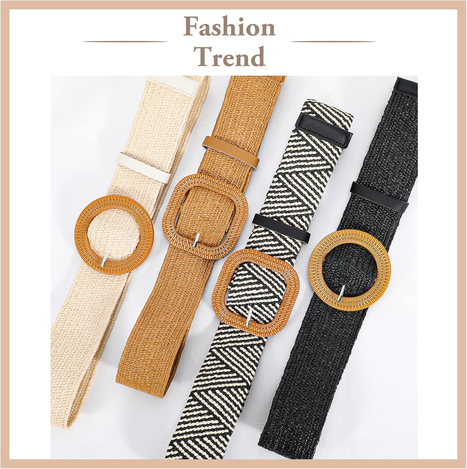 Straw Woven Elastic Stretch Waist Belt, 3 Pack Fashion Ladies Skinny Raffia Boho Dress Braided Belts for Women, Brown Beige Black XL - Image 2
