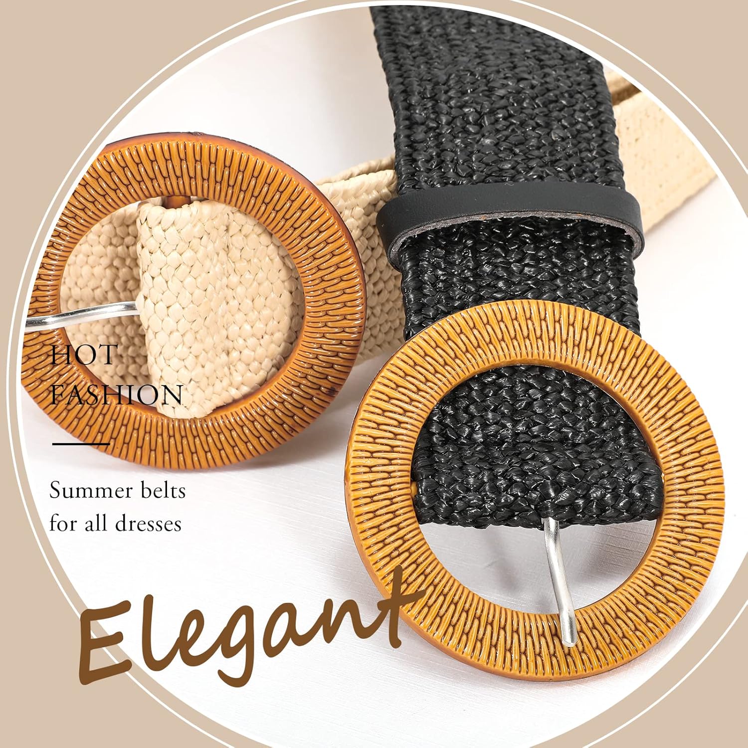 Straw Woven Elastic Stretch Waist Belt, 3 Pack Fashion Ladies Skinny Raffia Boho Dress Braided Belts for Women, Brown Beige Black XL - Image 3