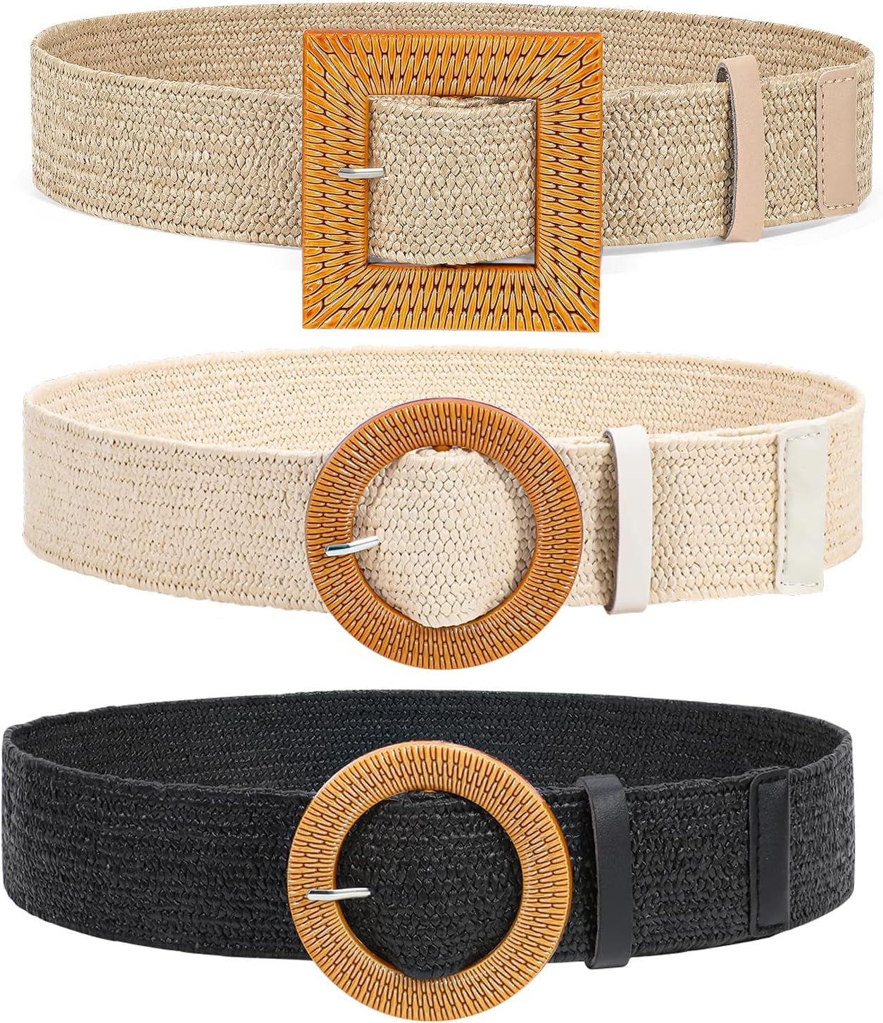 3 Pack Straw Woven Elastic Stretch Waist Belt Fashion Boho Dress Braided Belts for Women Khaki Beige Black XL - Image 1