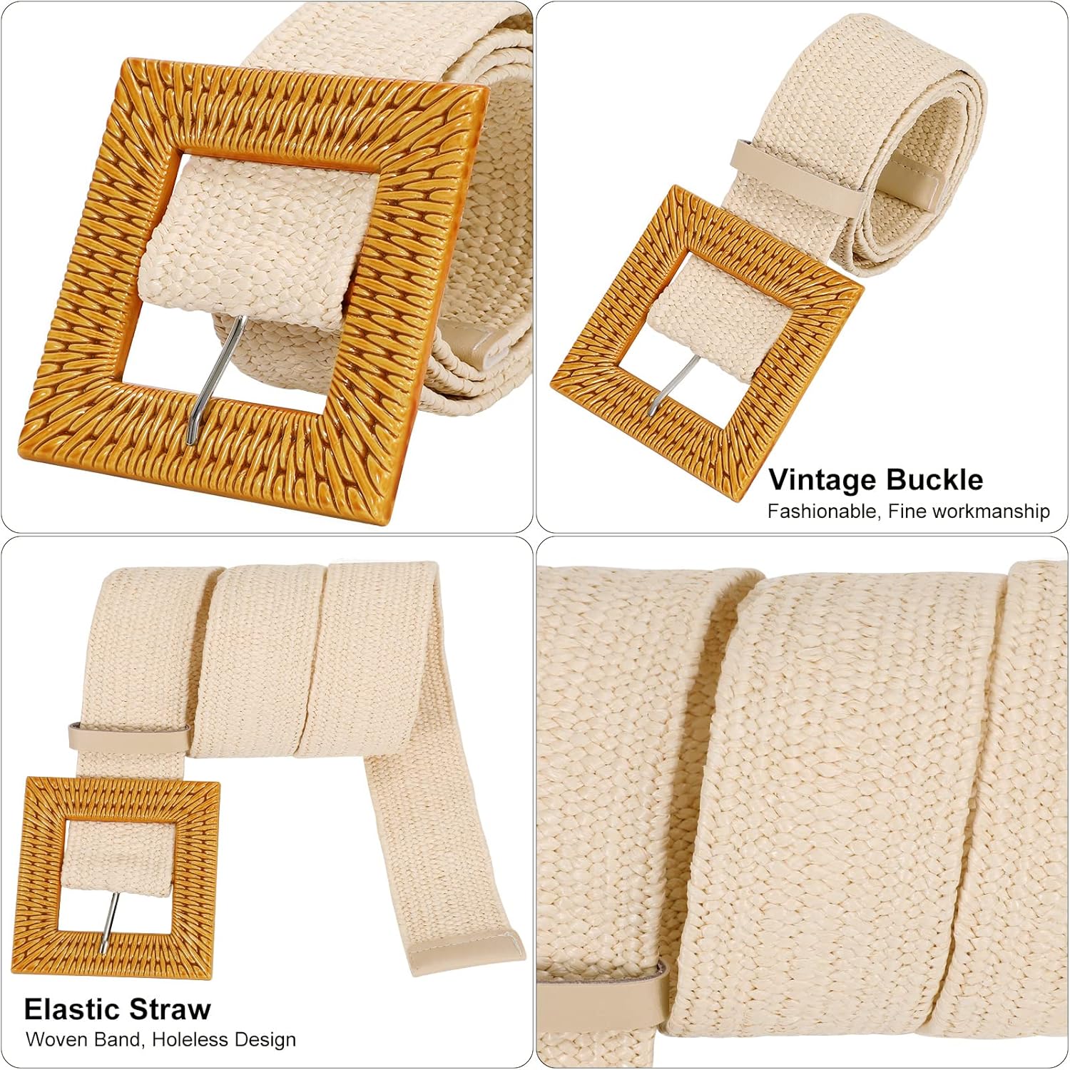3 Pack Straw Woven Elastic Stretch Waist Belt Fashion Boho Dress Braided Belts for Women Khaki Beige Black XL - Image 2