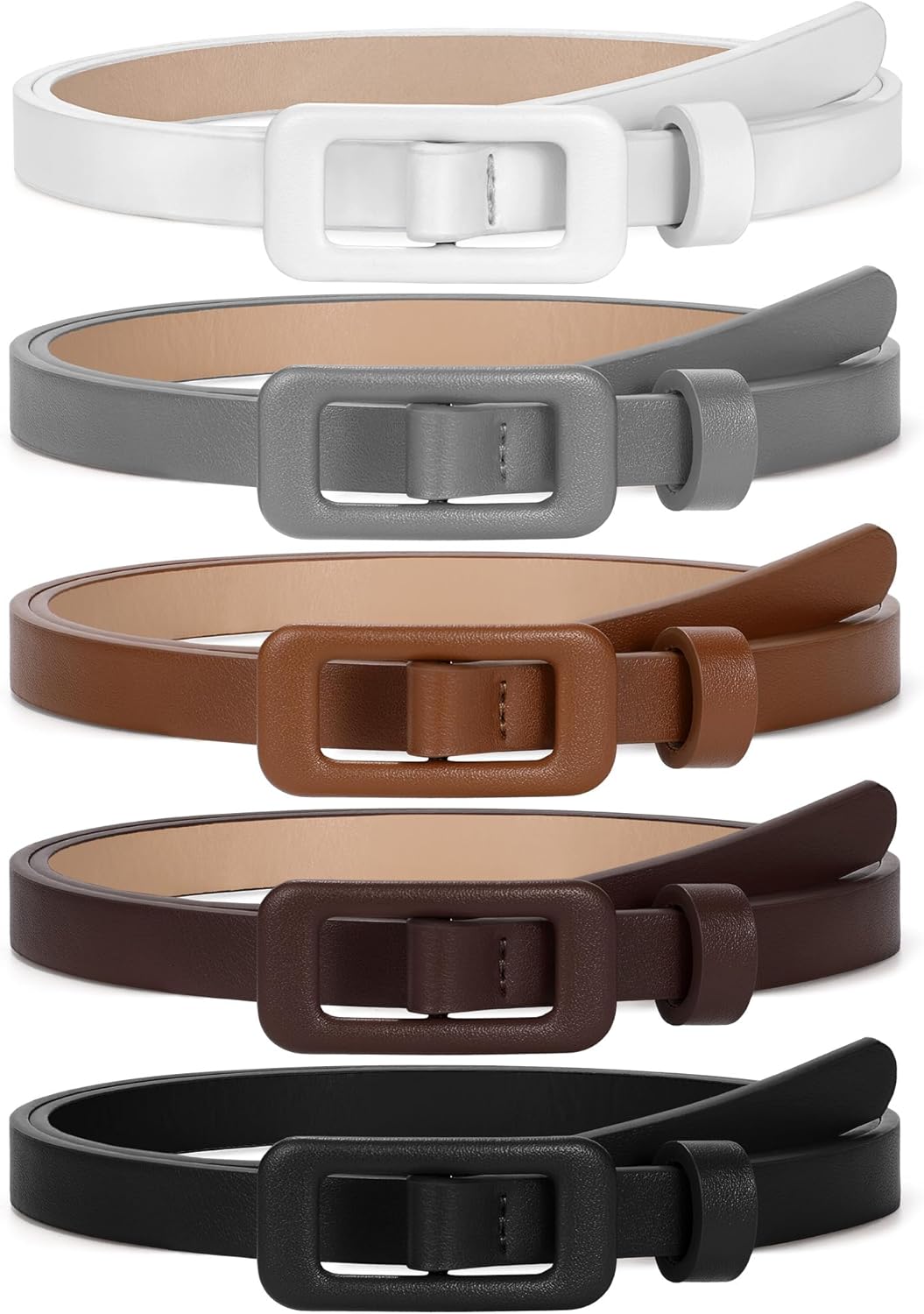 5 Pack Women Skinny Leather Belt Thin Waist No Hole Belt for Ladies Jeans Dress Pants 0.55