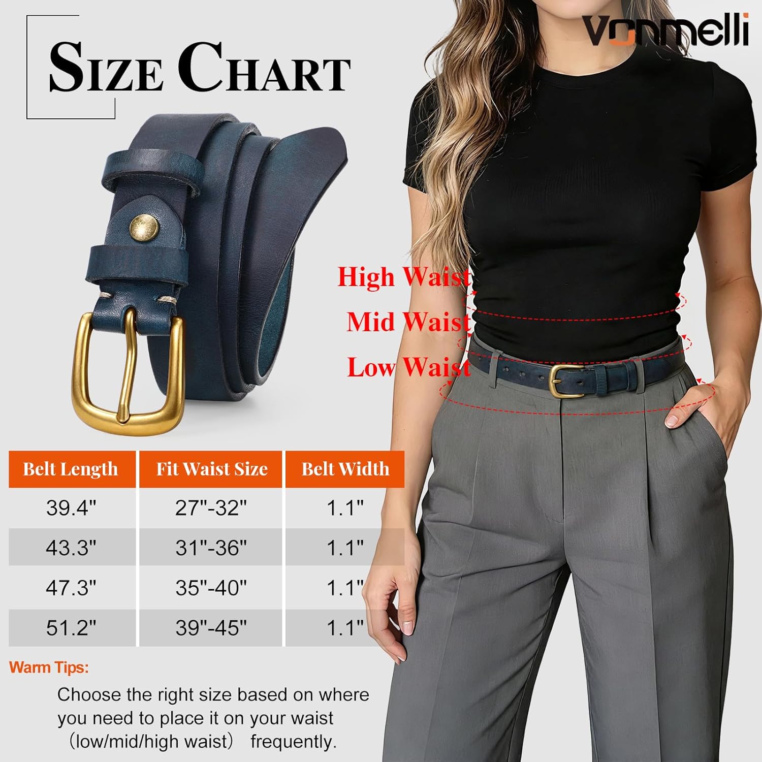 Womens Genuine Leather Belts for Jeans Pants Ladies Full Grain Belt With Vintage Gold Buckle - Image 2
