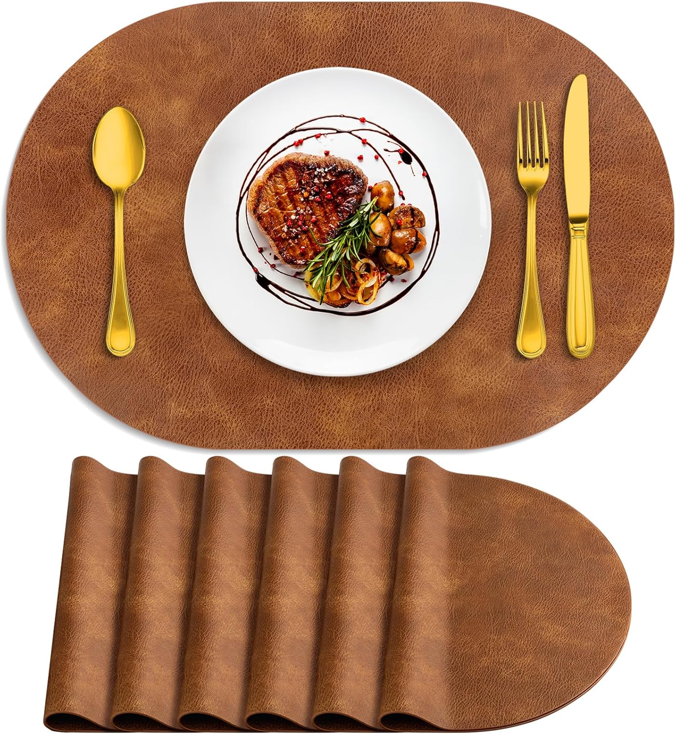 Placemats, Heat Resistant Oval Placemats Set of 6 Washable 12 x 17 Inch, Waterproof Table Mats, Wipeable Pu Place Mats for Kitchen, Dining Room, Turmeric Brown - Image 1