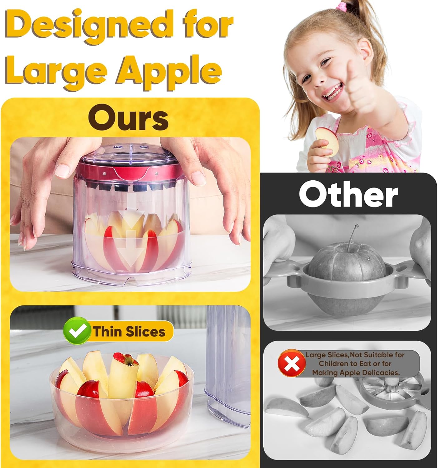5.12-Inch Apple Slicer - 8 Slices, Ultra-Safe & Heavy-Duty Stainless Steel Extra Large Apple Cutter, Upgraded Cut Apples All The Way Through, with Red Bowl - Image 3