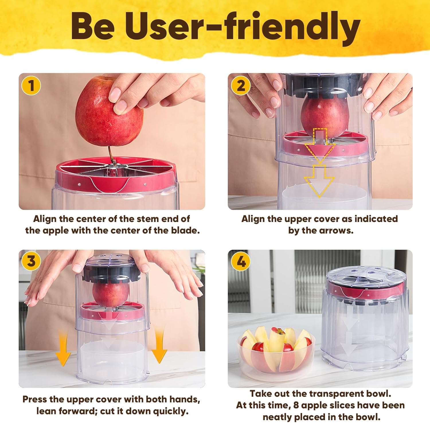 5.12-Inch Apple Slicer - 8 Slices, Ultra-Safe & Heavy-Duty Stainless Steel Extra Large Apple Cutter, Upgraded Cut Apples All The Way Through, with Red Bowl - Image 4