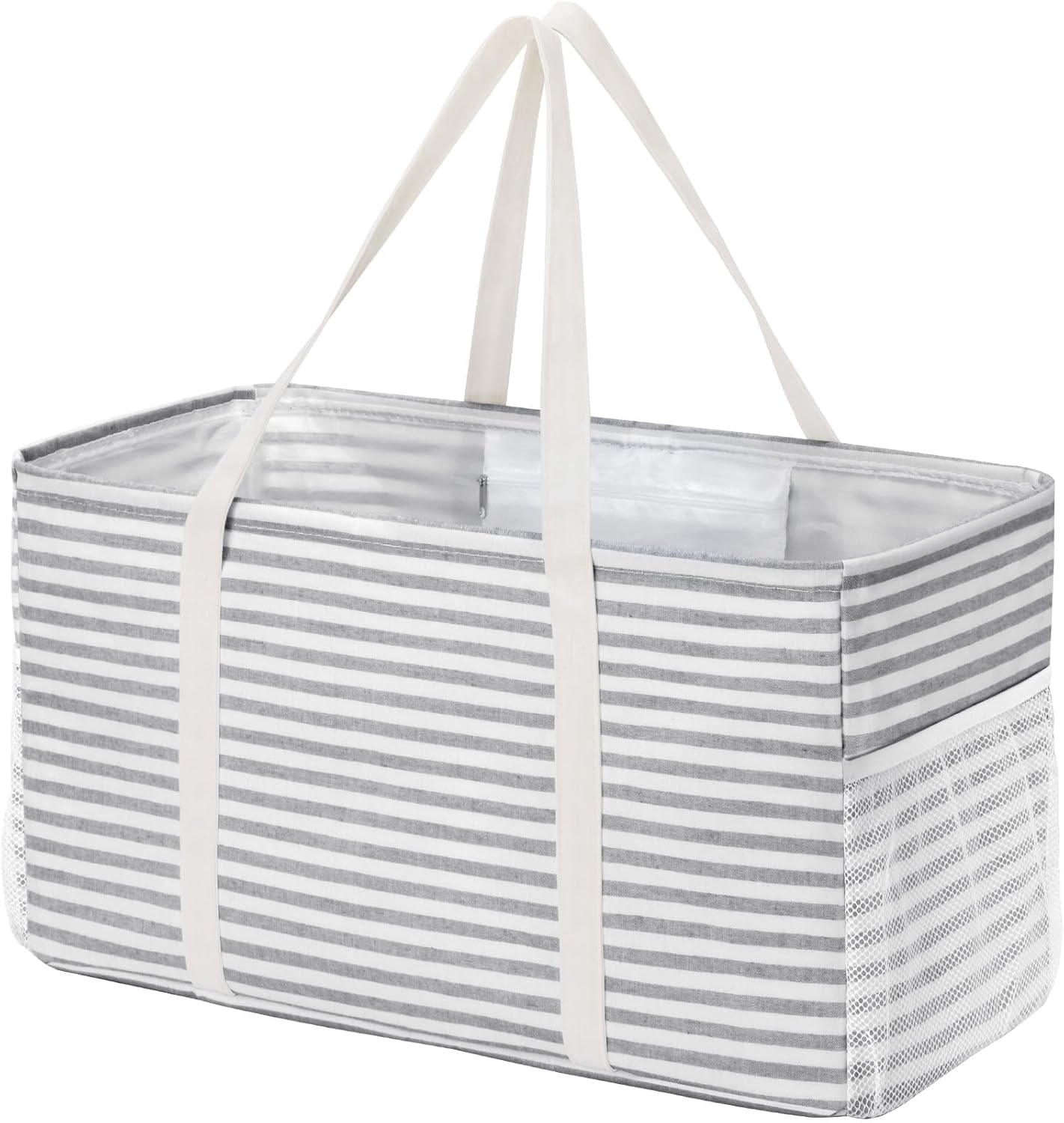 Extra Large Tote Bag, Reable Grocery Bags with Metal Wire Frame and Handles, Standing Utility Foldable Shopping Bags for Storage, Picnics, Beach, Laundry, Car, 46L, 1 Pack, Gray - Image 1