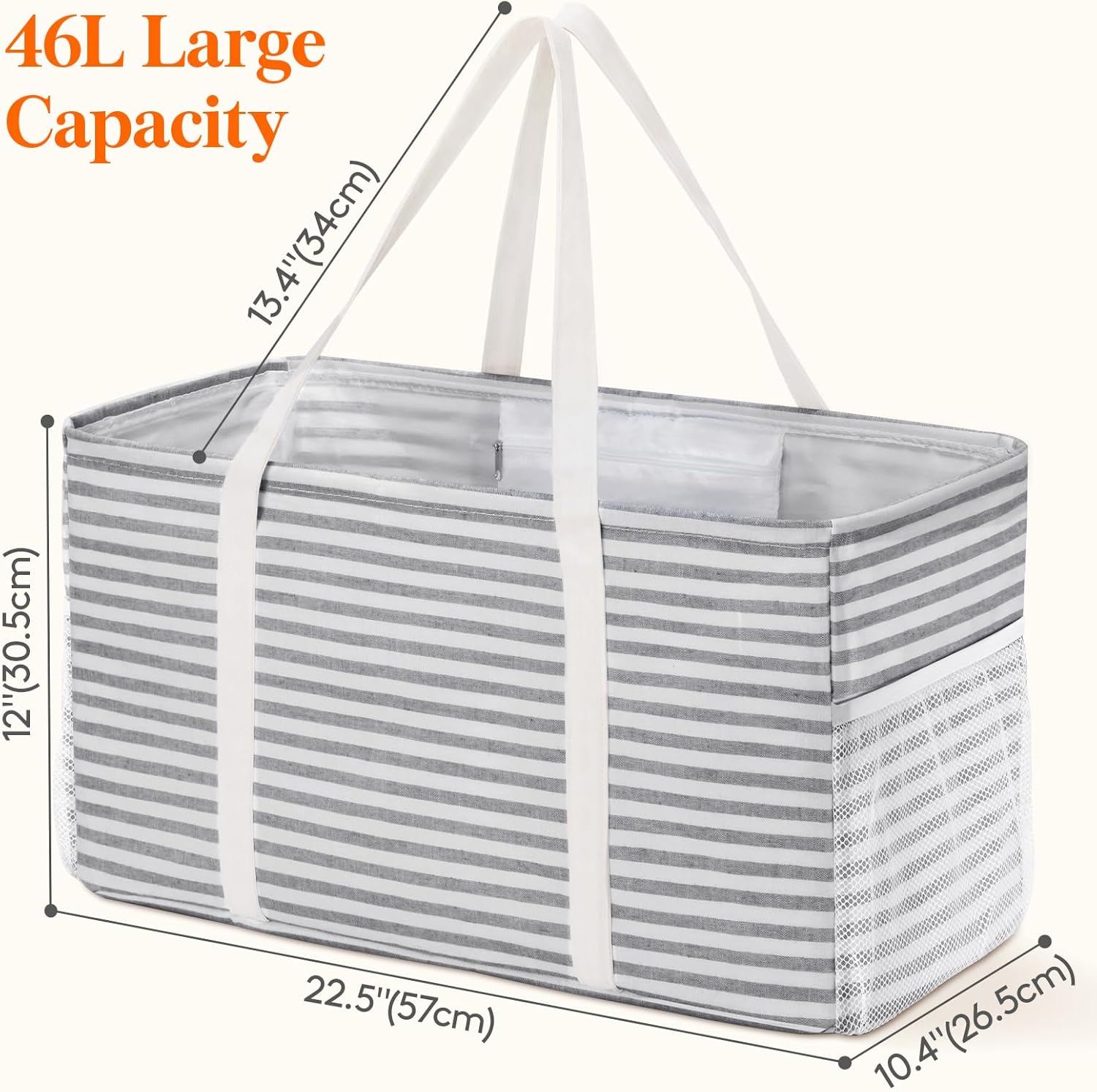 Extra Large Tote Bag, Reable Grocery Bags with Metal Wire Frame and Handles, Standing Utility Foldable Shopping Bags for Storage, Picnics, Beach, Laundry, Car, 46L, 1 Pack, Gray - Image 2