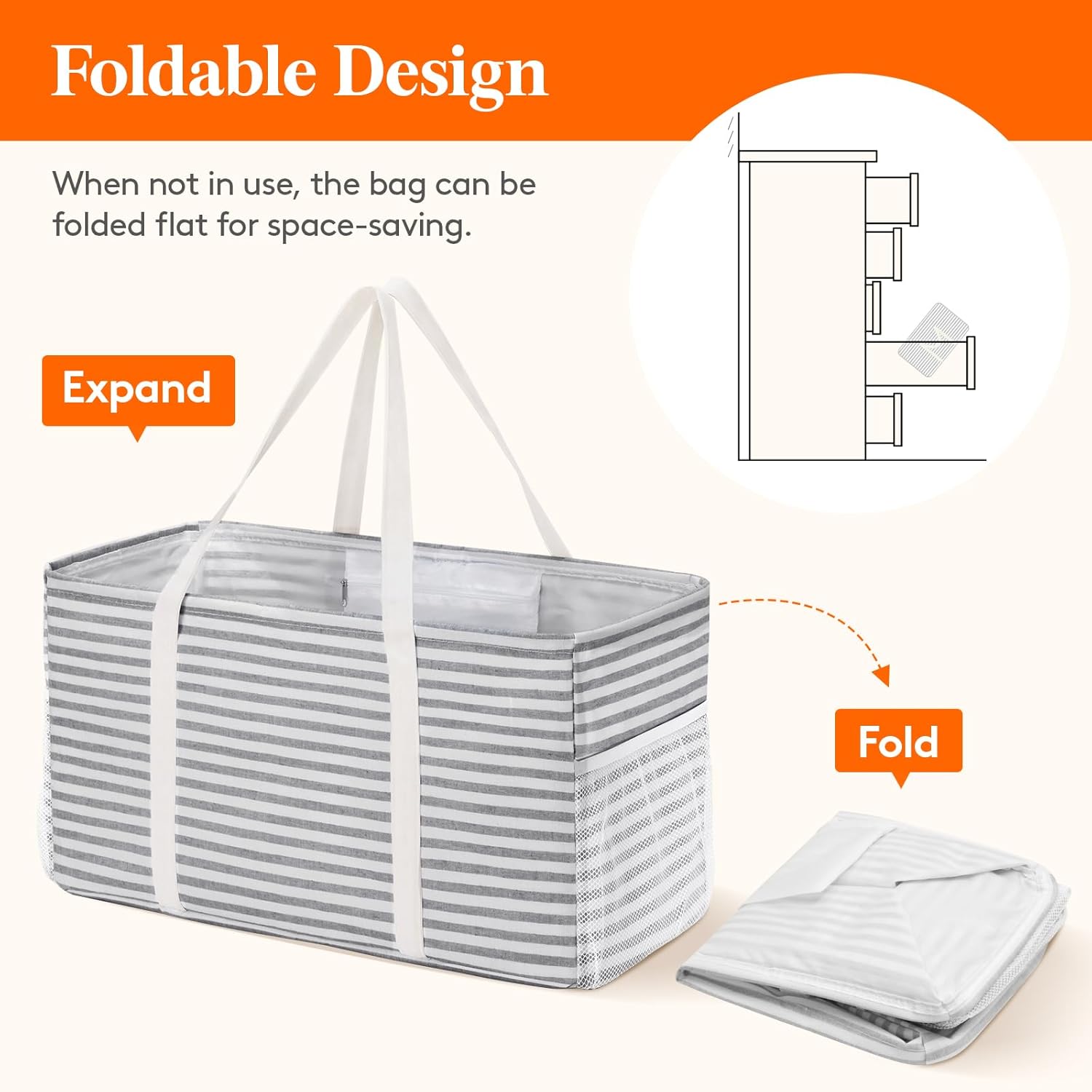 Extra Large Tote Bag, Reable Grocery Bags with Metal Wire Frame and Handles, Standing Utility Foldable Shopping Bags for Storage, Picnics, Beach, Laundry, Car, 46L, 1 Pack, Gray - Image 4