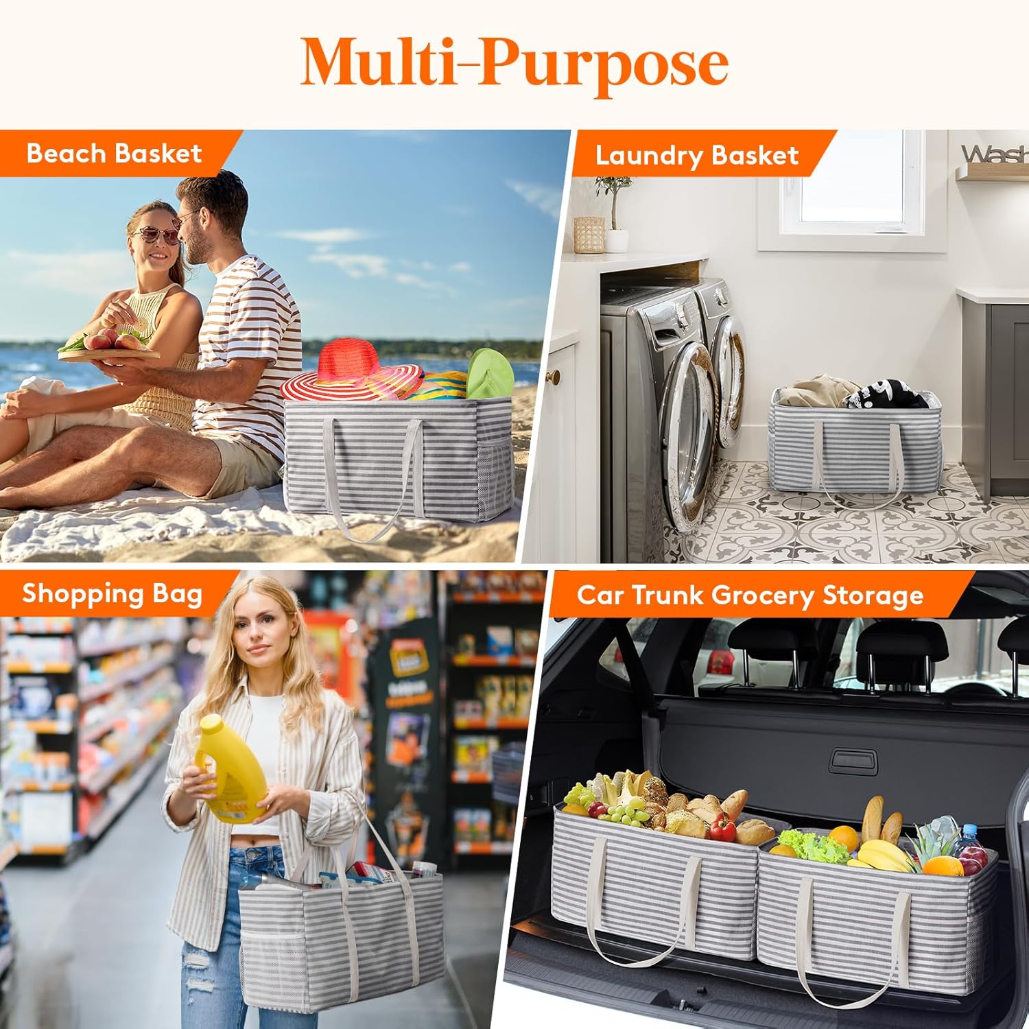 Extra Large Tote Bag, Reable Grocery Bags with Metal Wire Frame and Handles, Standing Utility Foldable Shopping Bags for Storage, Picnics, Beach, Laundry, Car, 46L, 1 Pack, Gray - Image 7