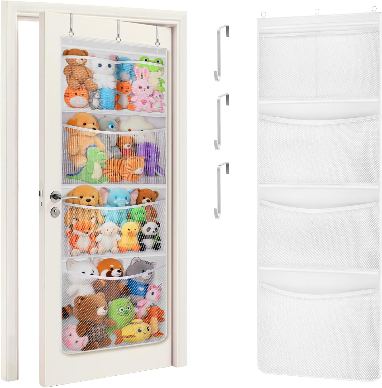 Stuffed Animal Storage, Over the Door Organizer with 5 Expandable Mesh Pockets, Breathable Oxford Fabric Hanging Kid Baby Plh Toy Holder for Nursery, 167 cm (65.8'') High, White, 1 Pack - Image 1