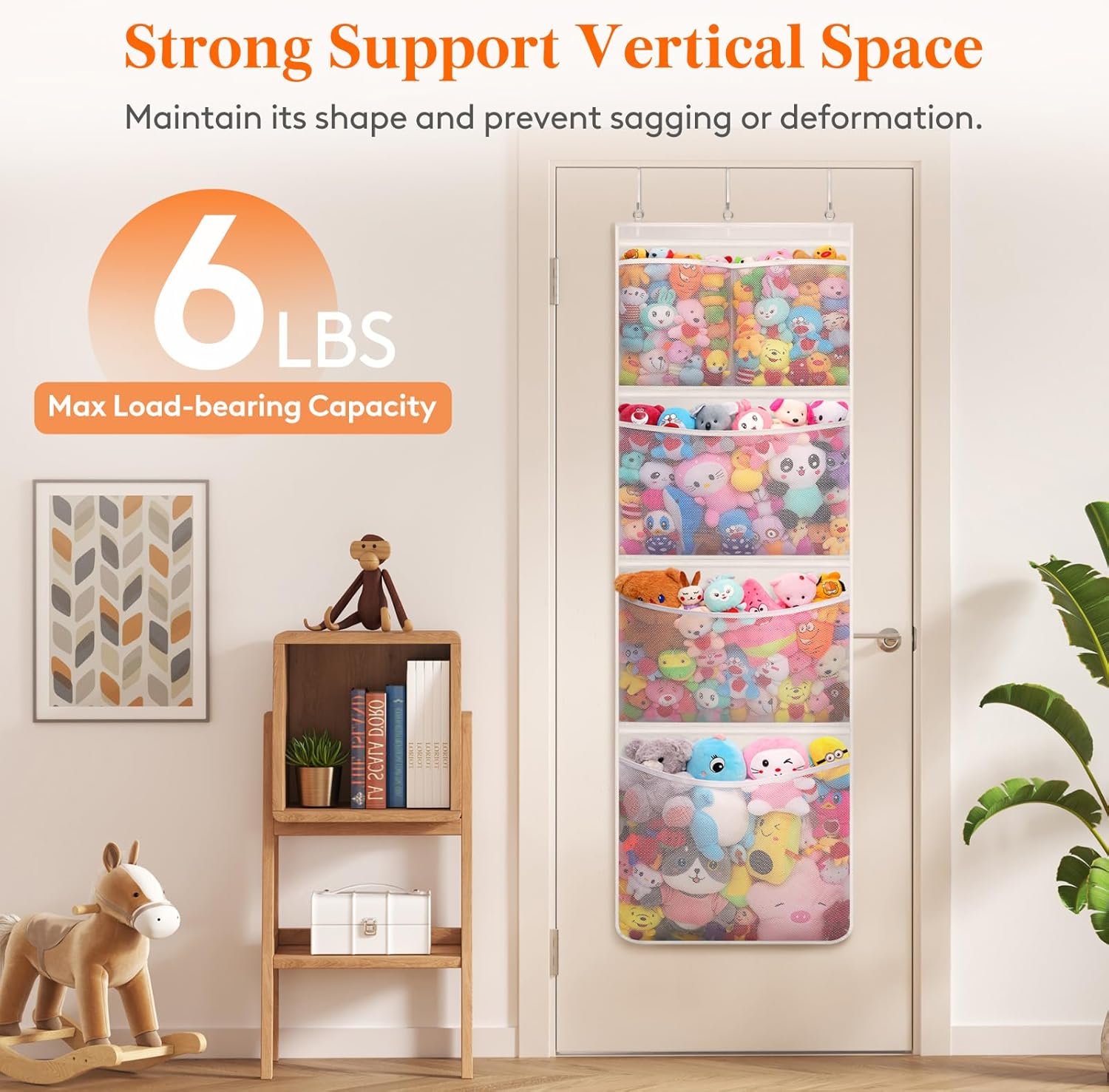 Stuffed Animal Storage, Over the Door Organizer with 5 Expandable Mesh Pockets, Breathable Oxford Fabric Hanging Kid Baby Plh Toy Holder for Nursery, 167 cm (65.8'') High, White, 1 Pack - Image 2