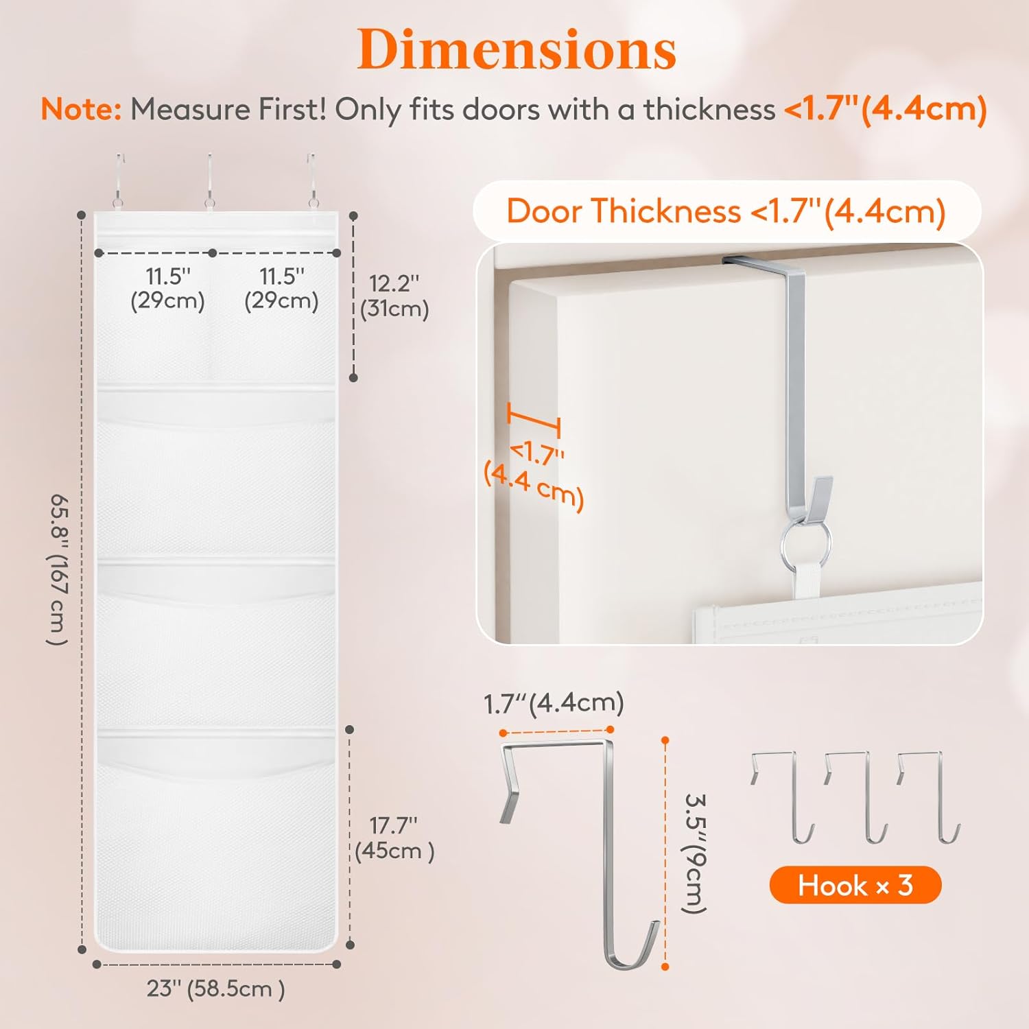Stuffed Animal Storage, Over the Door Organizer with 5 Expandable Mesh Pockets, Breathable Oxford Fabric Hanging Kid Baby Plh Toy Holder for Nursery, 167 cm (65.8'') High, White, 1 Pack - Image 3