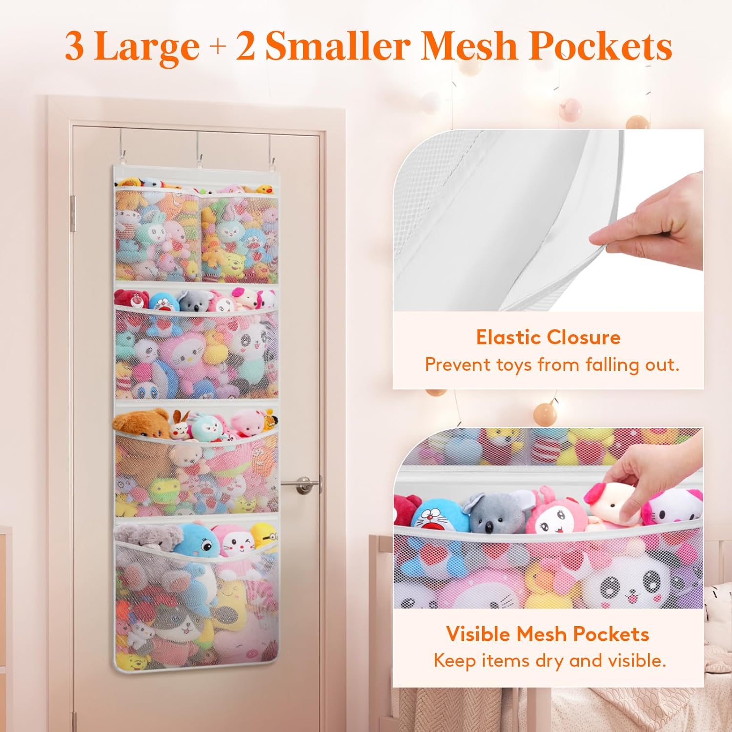 Stuffed Animal Storage, Over the Door Organizer with 5 Expandable Mesh Pockets, Breathable Oxford Fabric Hanging Kid Baby Plh Toy Holder for Nursery, 167 cm (65.8'') High, White, 1 Pack - Image 4