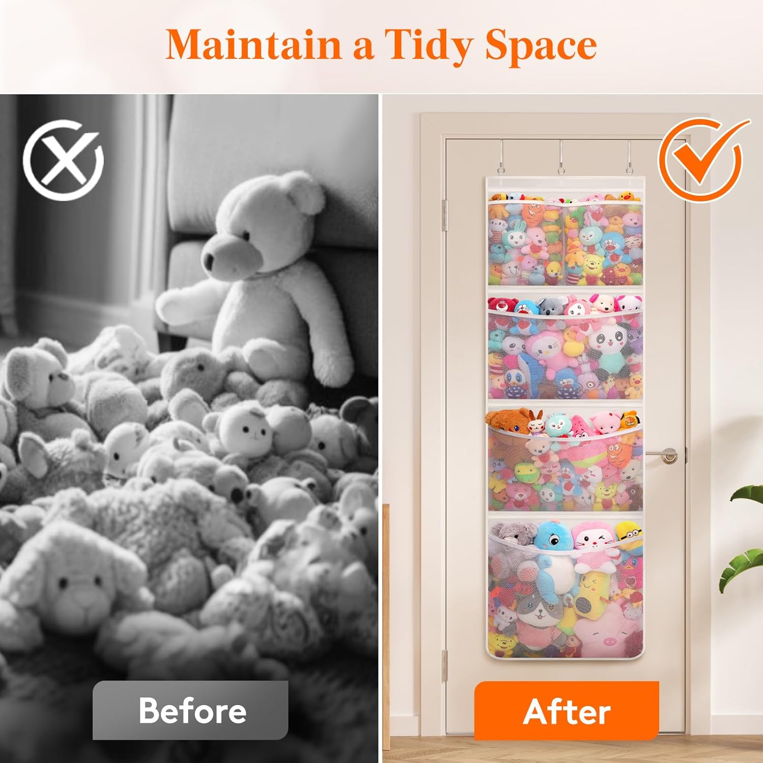 Stuffed Animal Storage, Over the Door Organizer with 5 Expandable Mesh Pockets, Breathable Oxford Fabric Hanging Kid Baby Plh Toy Holder for Nursery, 167 cm (65.8'') High, White, 1 Pack - Image 7