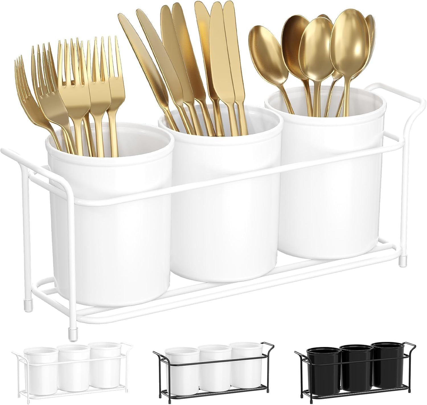 Plastic Silverware Caddy with Metal Rack, Utensil Holder for Party, Cutlery Flatware Organizer for Kitchen Countertop, Forks Spoons Knives Storage for Picnic Camping Outdoor Buffet, White - Image 1