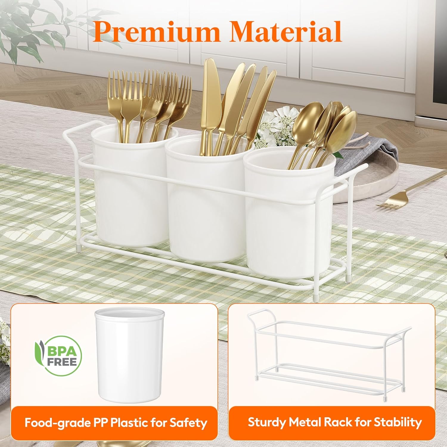 Plastic Silverware Caddy with Metal Rack, Utensil Holder for Party, Cutlery Flatware Organizer for Kitchen Countertop, Forks Spoons Knives Storage for Picnic Camping Outdoor Buffet, White - Image 3
