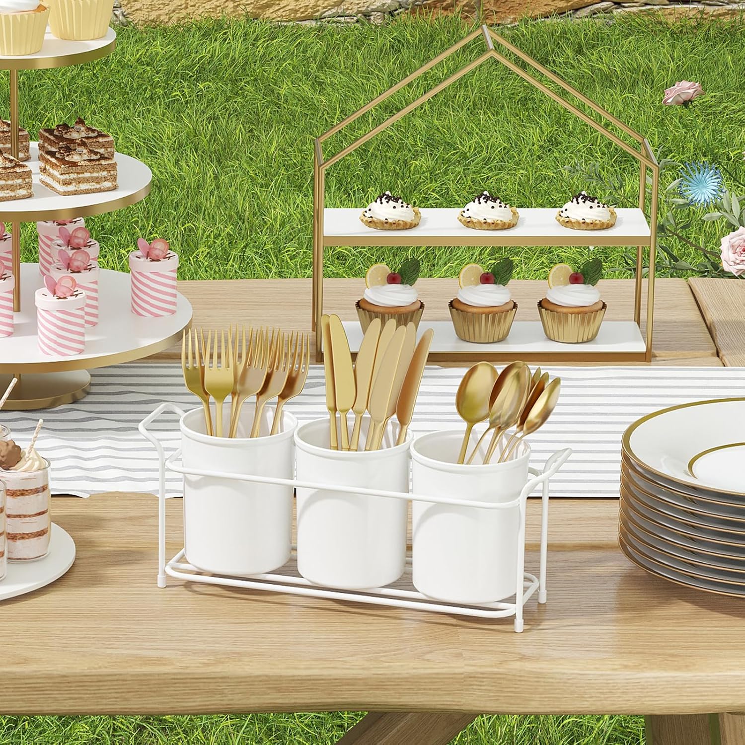 Plastic Silverware Caddy with Metal Rack, Utensil Holder for Party, Cutlery Flatware Organizer for Kitchen Countertop, Forks Spoons Knives Storage for Picnic Camping Outdoor Buffet, White - Image 5