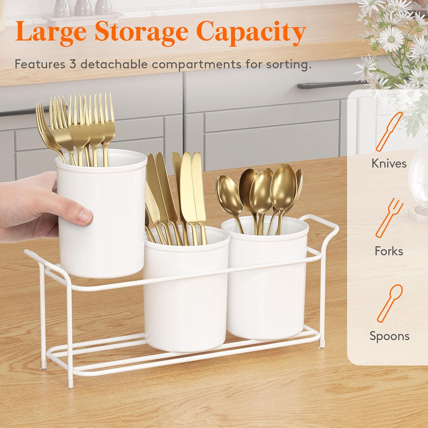 Plastic Silverware Caddy with Metal Rack, Utensil Holder for Party, Cutlery Flatware Organizer for Kitchen Countertop, Forks Spoons Knives Storage for Picnic Camping Outdoor Buffet, White - Image 7